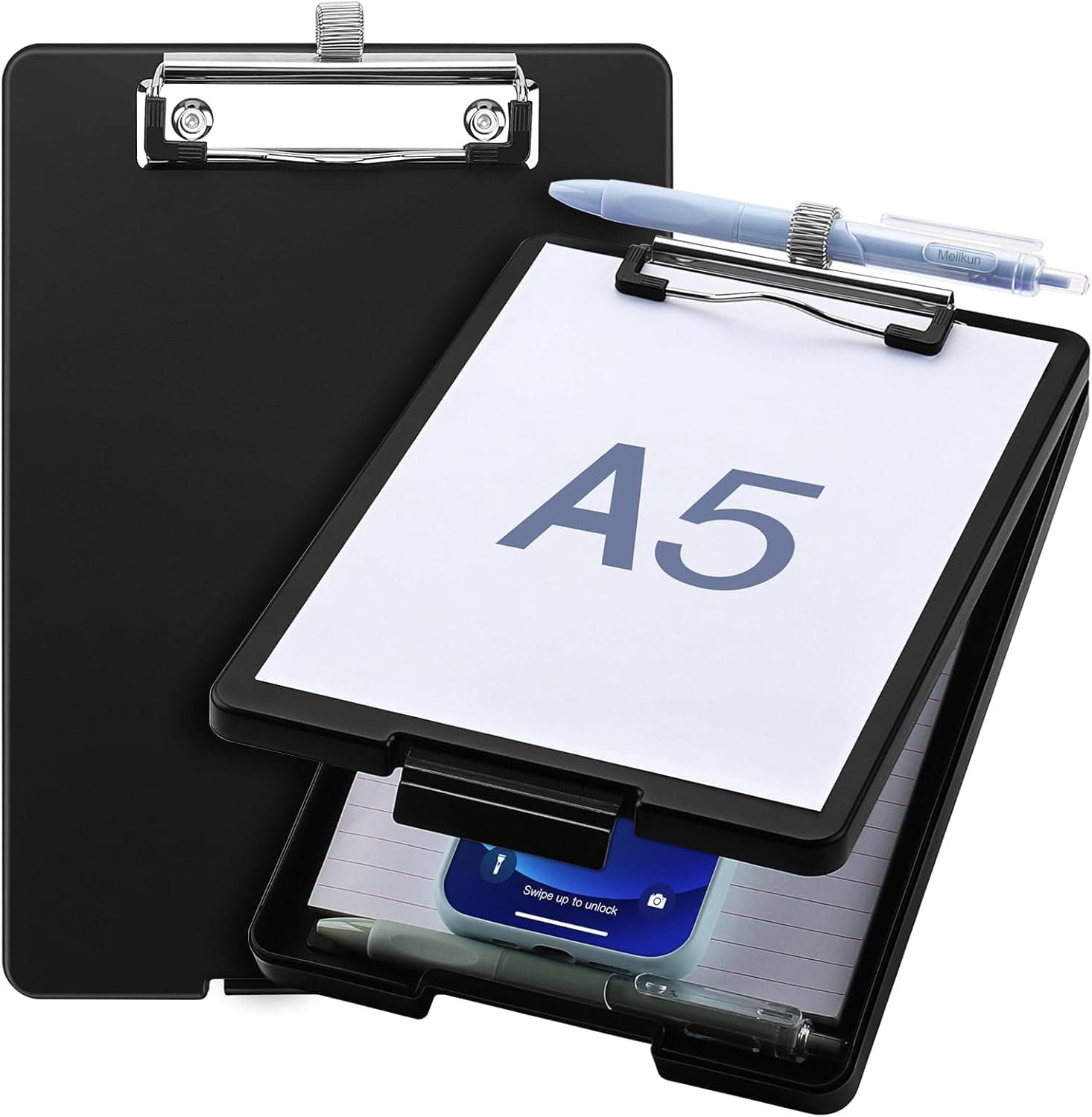 Small Clipboard with Storage, A5 Mini Plastic Clipboards with Pen Holder and Low Profile Clip, Durable Half Letter Clipboard for Classroom, Office, School, and Nurse Supplies (Black), 6.6x9.4 Inch