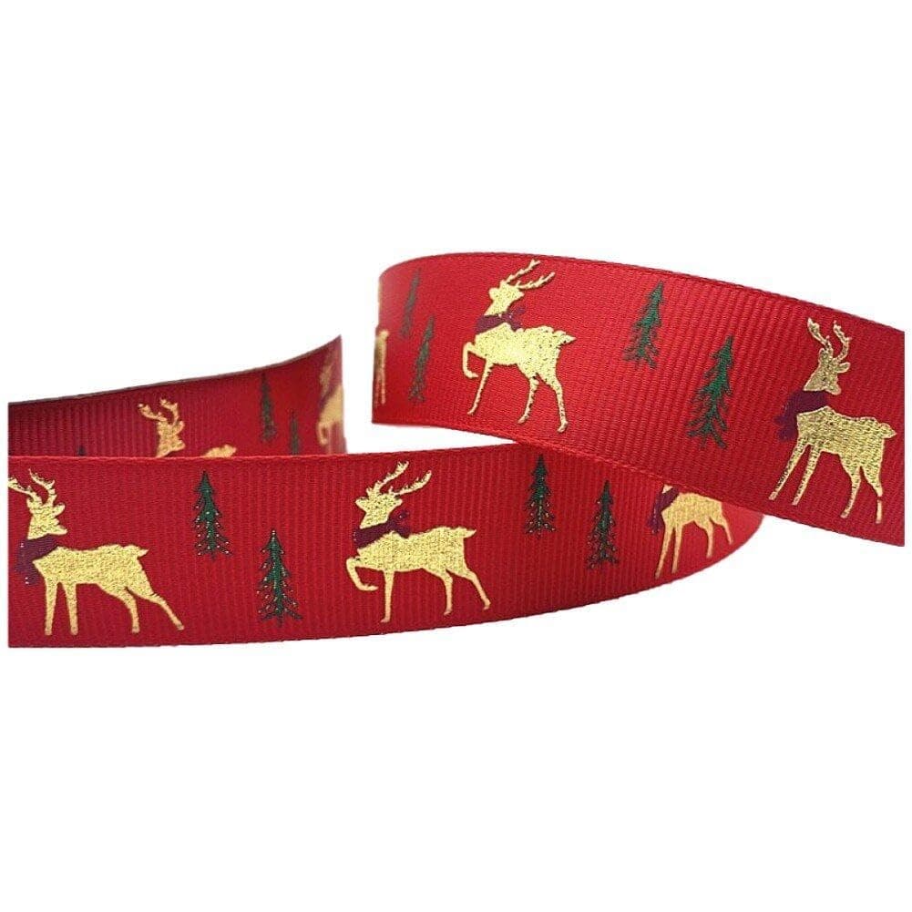 Christmas Ribbon 1 Rolls Green Red Blue Polyester Ribbon Xmas Gift Wrapping Ribbon 25mm Christmas Elk Deer Ribbons for Crafts/Bows/Wreaths/Xmas Tree