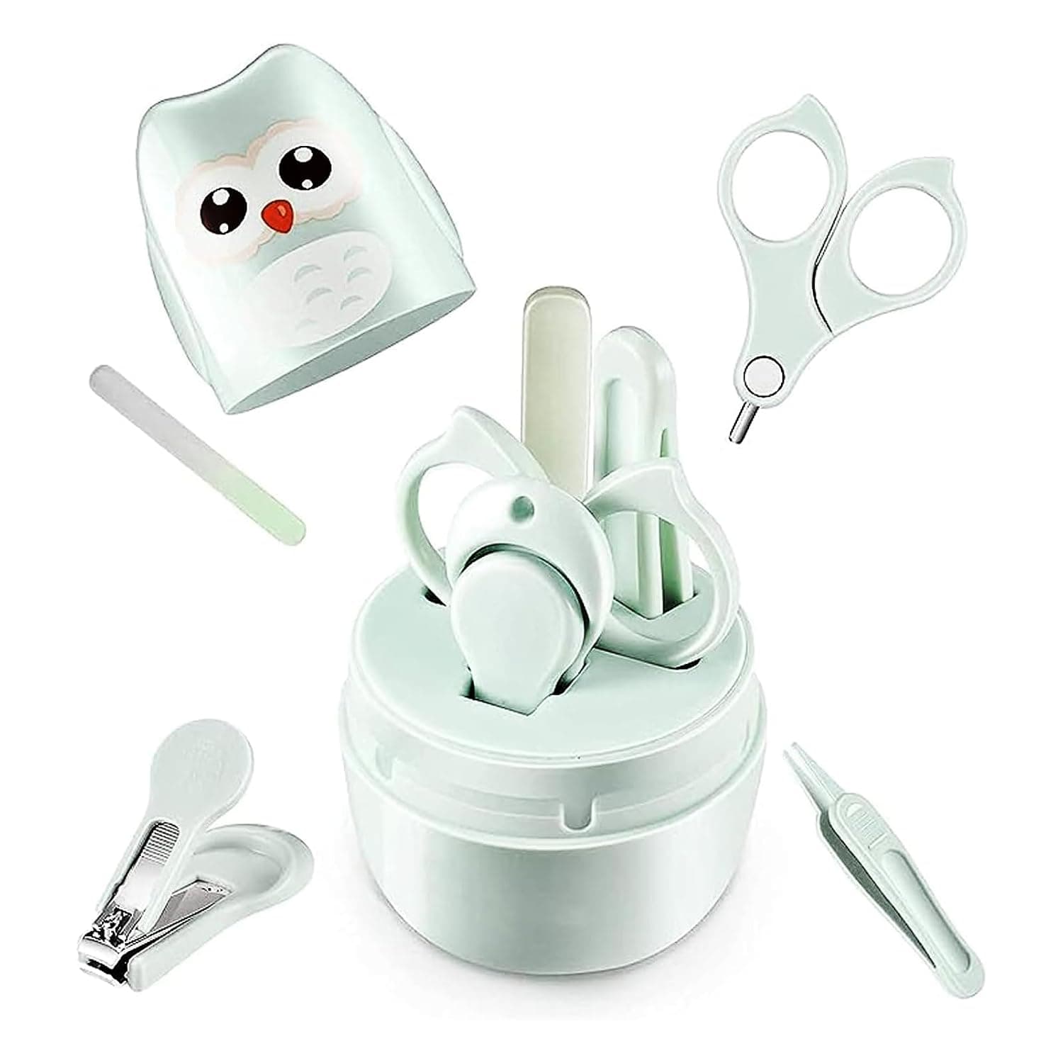 Tazweeq Baby Nail Clippers, 4-in-1 Safe Baby Nail Kit with Cute Case, Nail Clipper, Scissors, Tweezers, Baby Nail File Set for Newborn, Infant, Toddler and Kids (Owl Green)