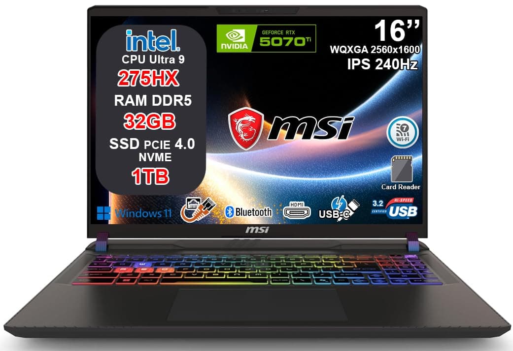 msi Vector 16 HX AI Gaming Notebook Intel Core Ultra 9 275HX, RTX 5070 Ti 12GB GDDR7, 32GB RAM, 1TB SSD, 16" QHD+ IPS 240Hz, Thunderbolt 5, WiFi 7, 24 Zone RGB Keyboard, Windows 11, AI Laptop