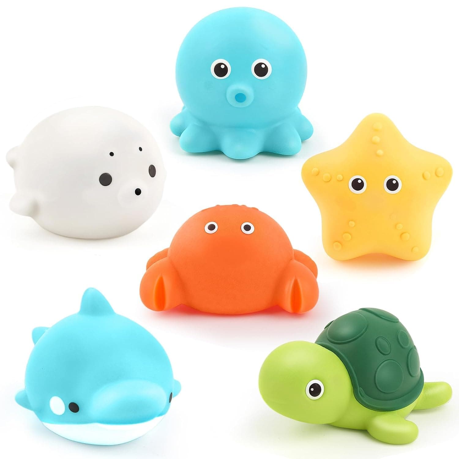 Sea Animal Bath Toys, 6PCS No-Hole Sealed Mold-Free Bath Toy Set, Soft Floating Squeeze Water Toys for Toddlers, Easy-Grip Tub, Pool & Beach Toys for Kids Ages 1-3