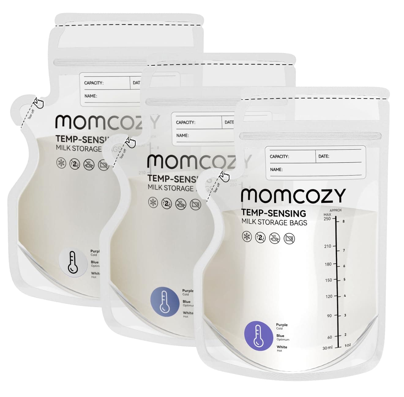 Momcozy Breastmilk Storage Bag, 8Oz, Temp-Sensing Color Change, Milk Storage Bags Breastmilk with Pour Spout, Milk Bag with Self Standing for Breastfeeding, No Leak Presterilized for Freezer