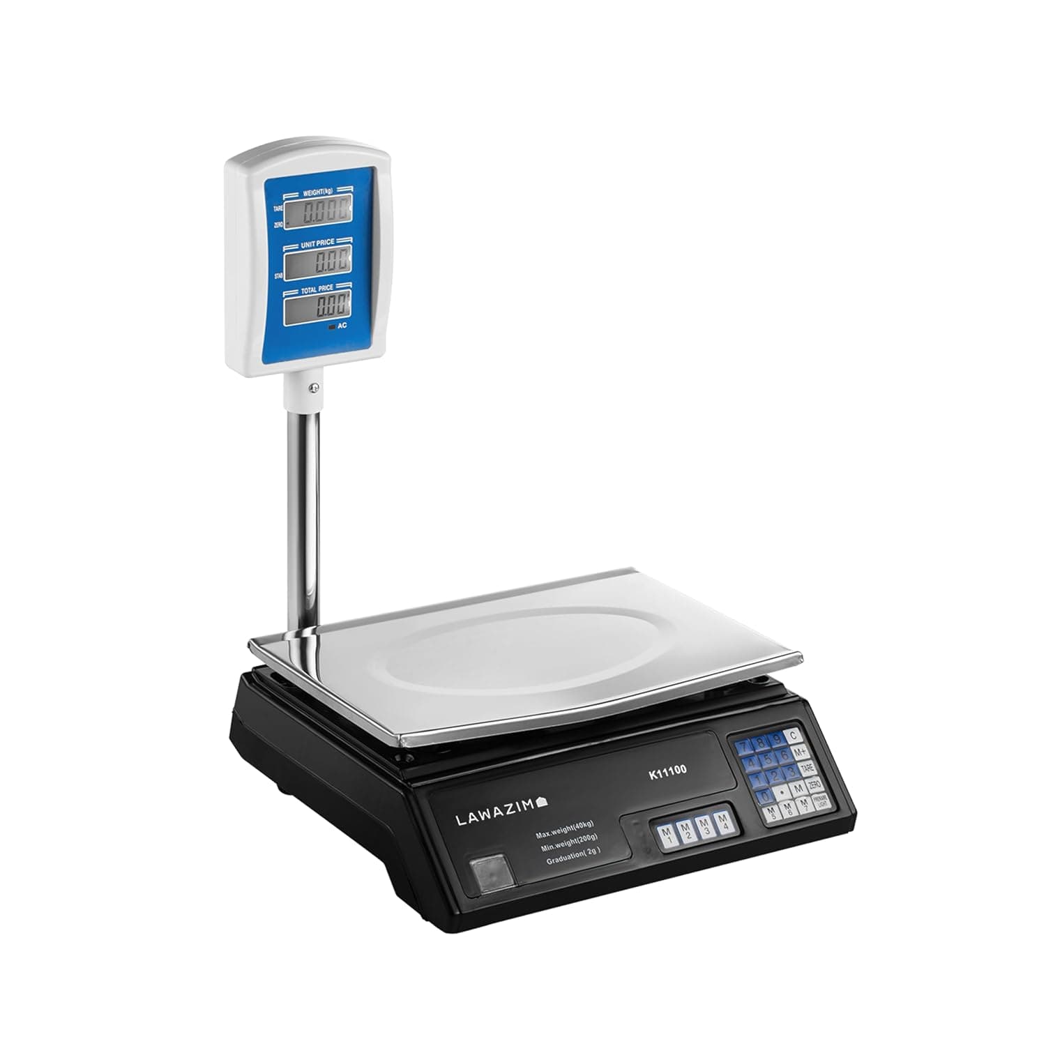 Lawazim Digital Electronic Weighing T-Scale-40kg/10g- Industrial Battery Powered Accurate Price Computing Scale with Large Platter and Zero and Tare Function -for Home Use, Butcher, Bakery, and Retail