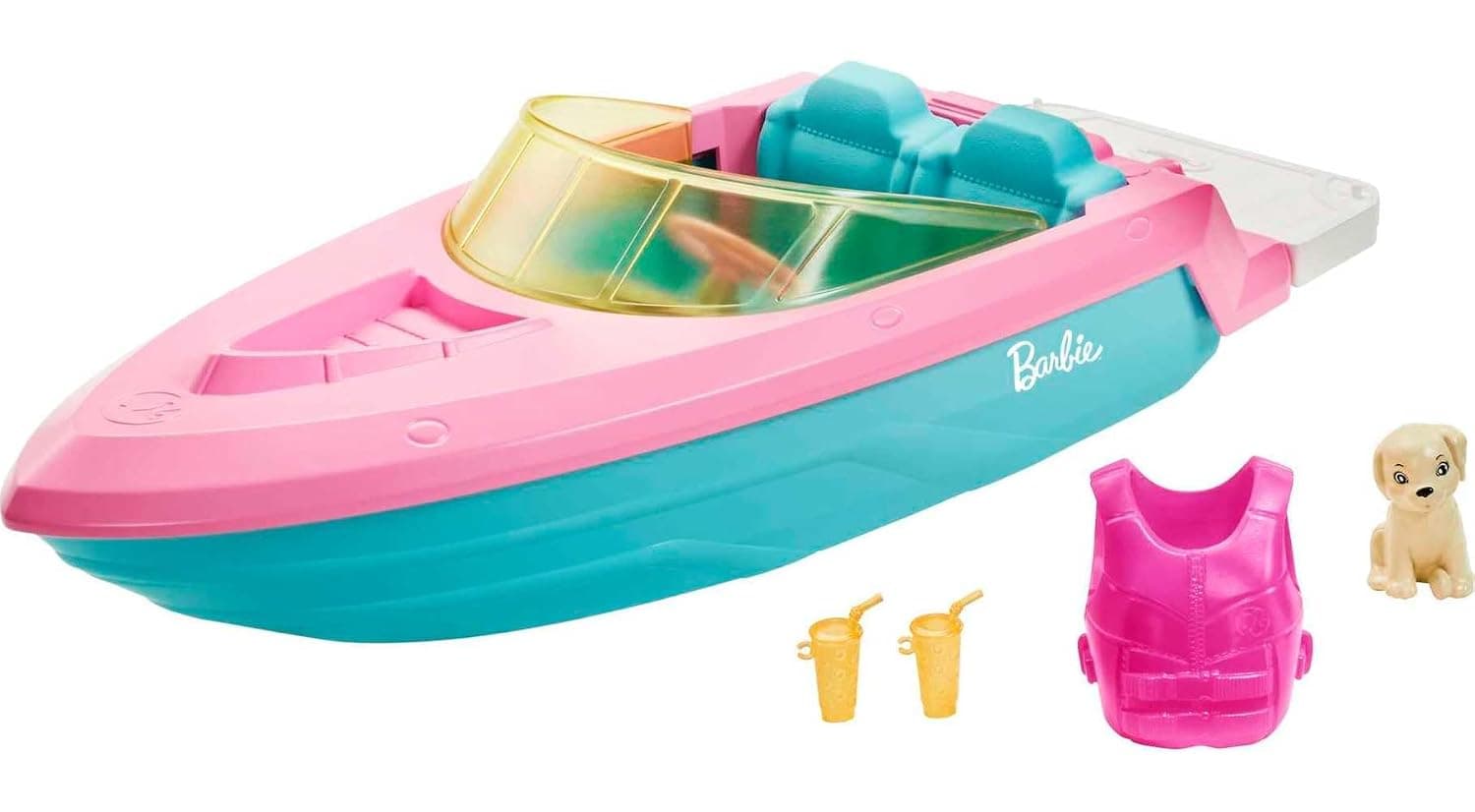 Barbie Toy Boat with Pet Puppy, Life Vest & Beverage Accessories, Fits 3 Dolls & Floats in Water