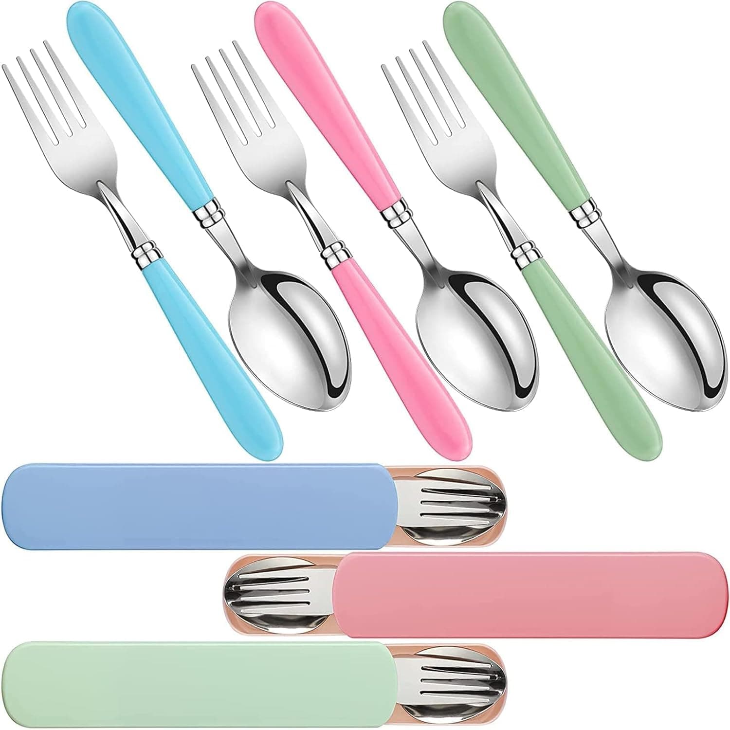 Joyzzz Children Fork and Spoon Set, 3 Sets 304 Stainless Steel Toddler Utensils, with Travel Cases, Safe Self Feeding Baby Silverware, Easy Grip Handles for Kids Daily Use at Home and Daycare