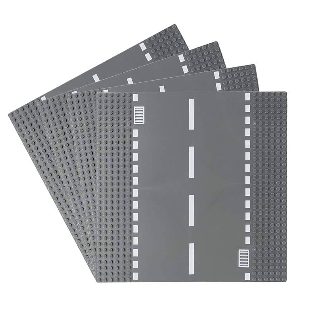 Classic Road Base Plates, City Street Straight Road Building Kit, 25 x 25 cm Town Baseplate for Building Bricks Compatible with All Major Brands (Straight 4 Pieces)