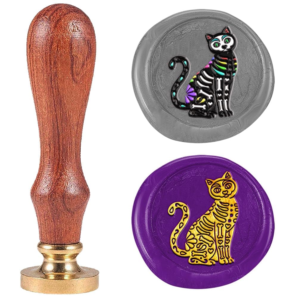 Day of The Dead Pattern Cat Wax Sealing Stamp Vintage Compass Brass Halloween Wax Stamp Kit with Wooden Handle for Party Invitations Wine Packages Gift Wrapping Cards Decoration
