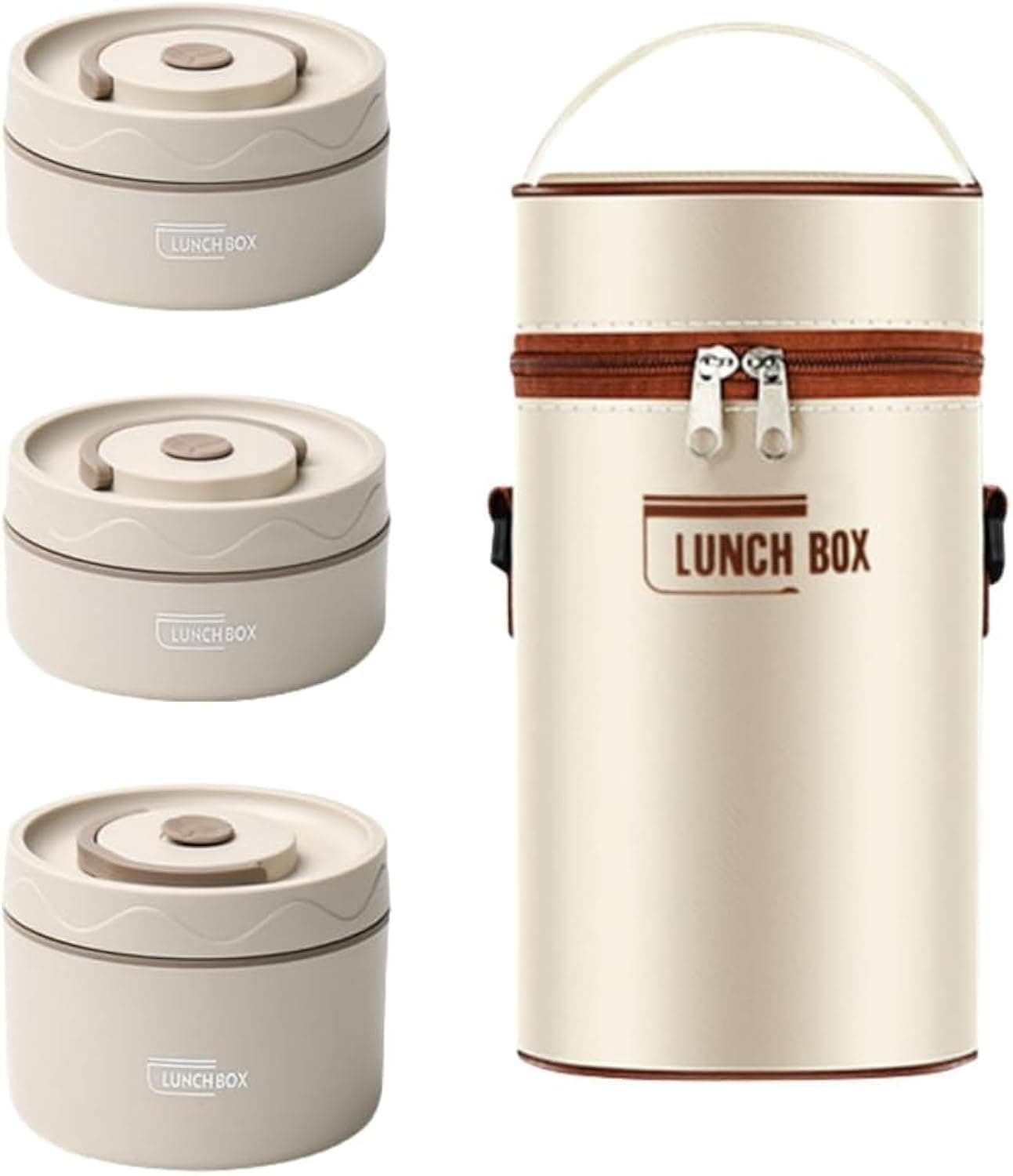 Insulated Bento Box, 3 Layers Leak-proof Individual Stackable Portable 304 Stainless Steel Lunch Box with Bag, Microwave Thermal Keep Warm Leakproof Food Lunch Container Box for Adults Kids (Beige)