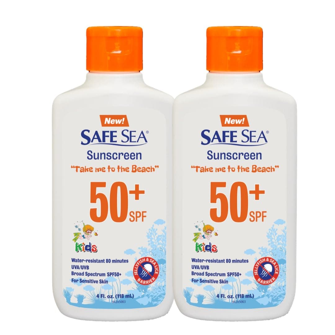 Safe Sea SPF50+ Kids sunscreen - Jellyfish and Sea lice protective lotion. Very Water Resistant, Sensitive skin Reef-Safe Sunscreen. Oxybenzone and Octinoxate free, Paraben free, 4 fl. Oz. Pack of 2
