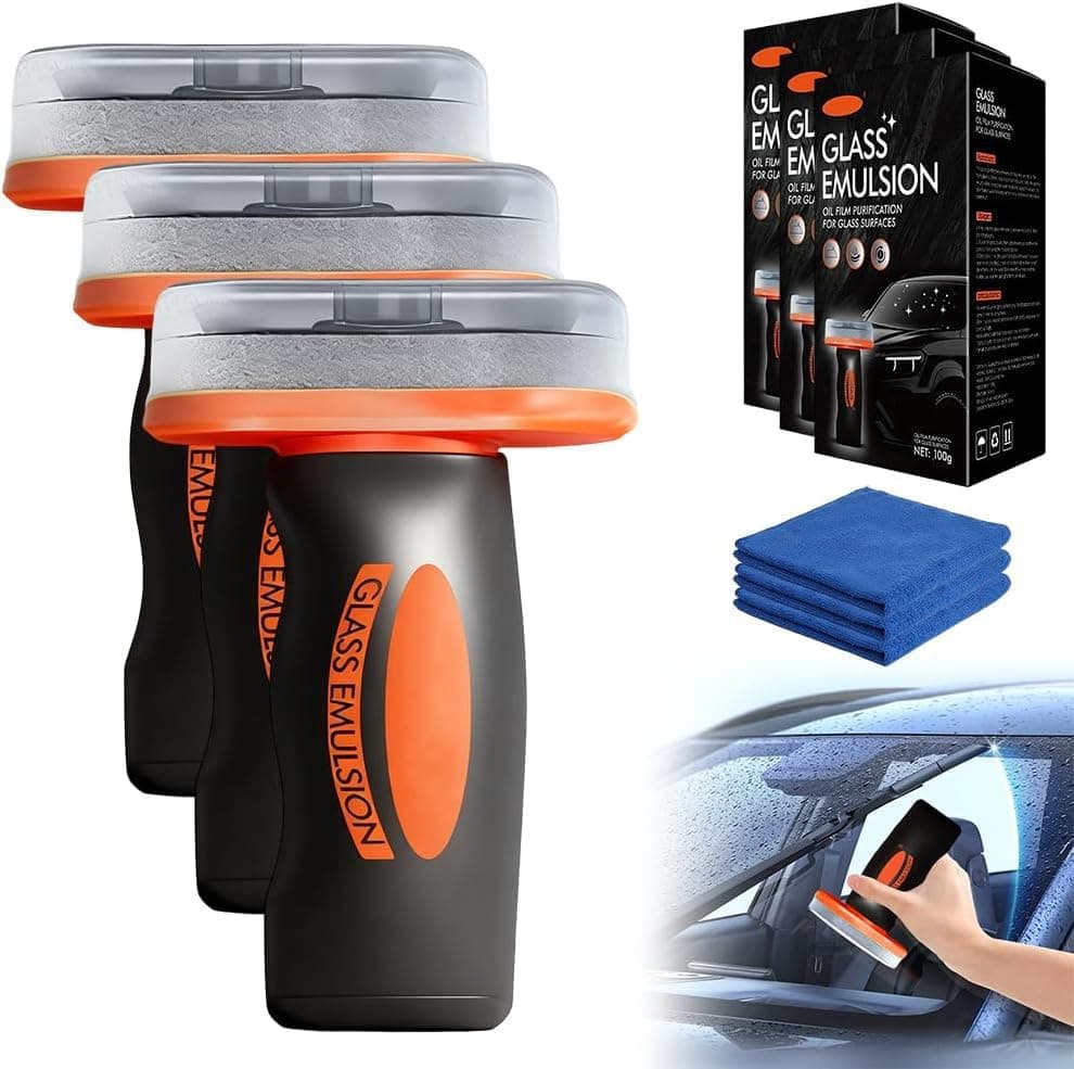ALMEKAQUZ 3 PCS Glass Oil Film Remover with Towels for Car, Oil Film Remover for Car Windshields and Windows, Removes Oil Film & Smudges, Improve Windshield Clarity for Safe Driving