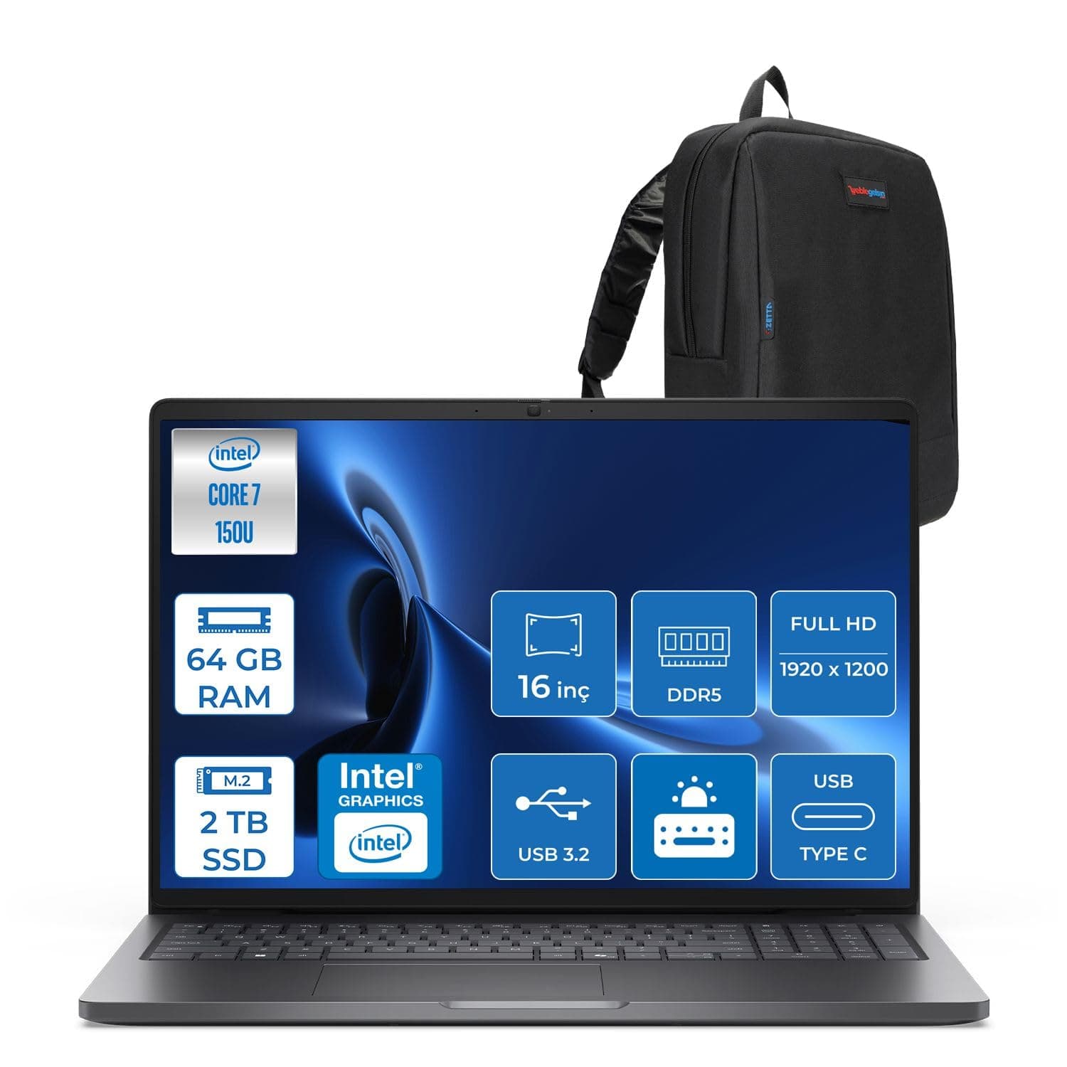 Dell Pro 16 PC16250 Intel Core 7 150U 64GB DDR5 2TB SSD 16 FHD+ IPS (1920X1200) 300nits Freedos Portable Computer PC16250C7165F19+ZettaBag