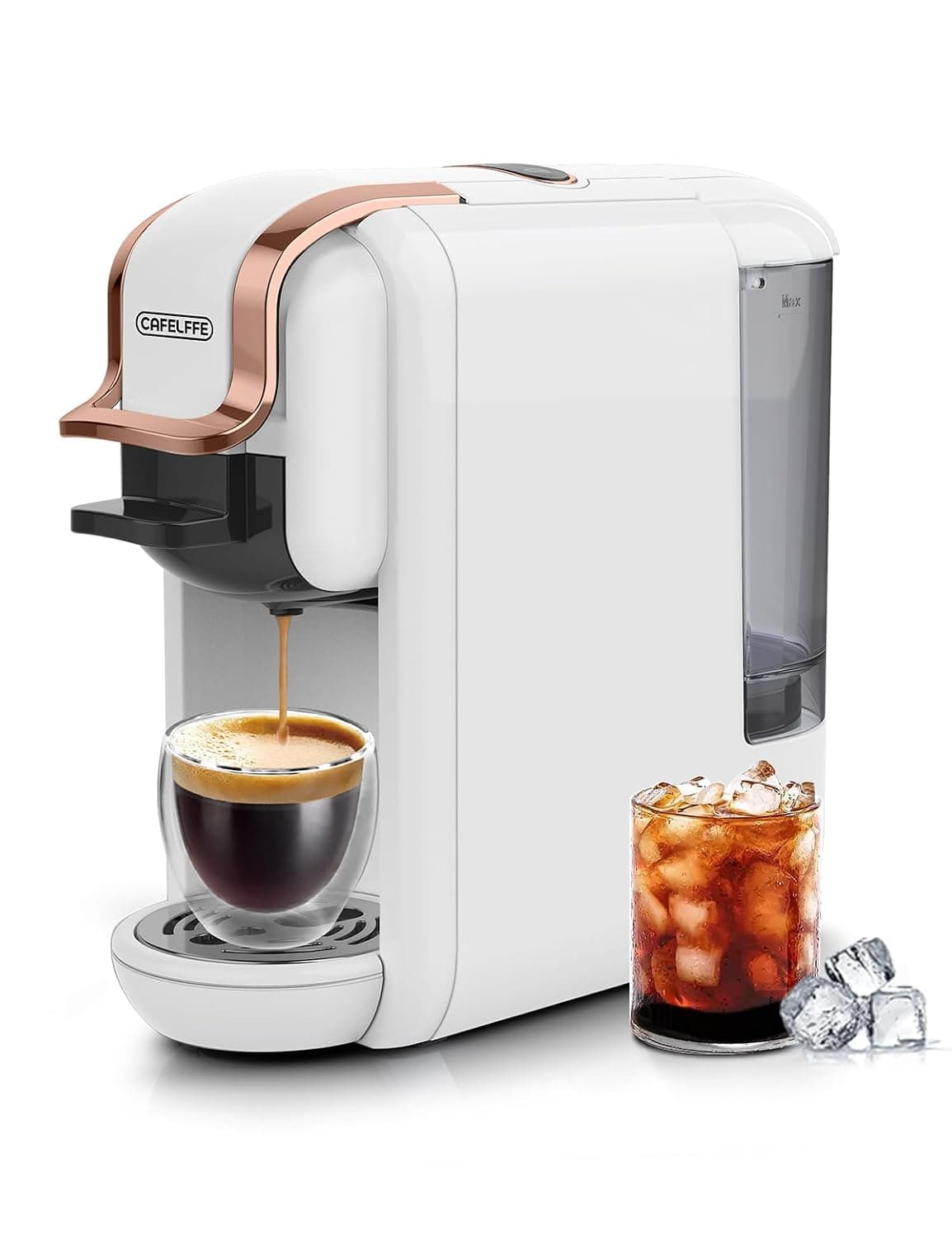 CAFELFFE Capsule Coffee Machine-1450W Powerful Coffee Maker with Hot Cold Brew, 19Bar Espresso Machine-4 Adapter Options 600ML Detachable Water Tank White