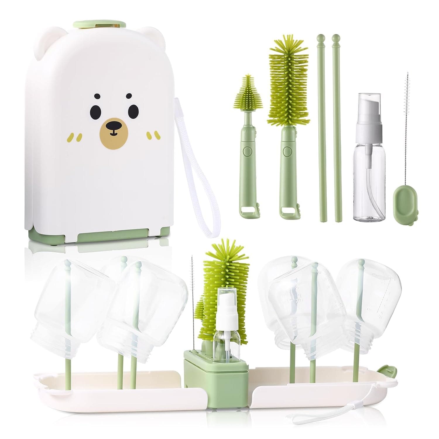 Baby Bottle Cleaning Brush, Portable Travel Brush Set, Silicone Nipple & Straw Cleaner, Compact Drying Rack with Soap Dispenser, Infant Feeding Accessories, Baby Travel Essentials