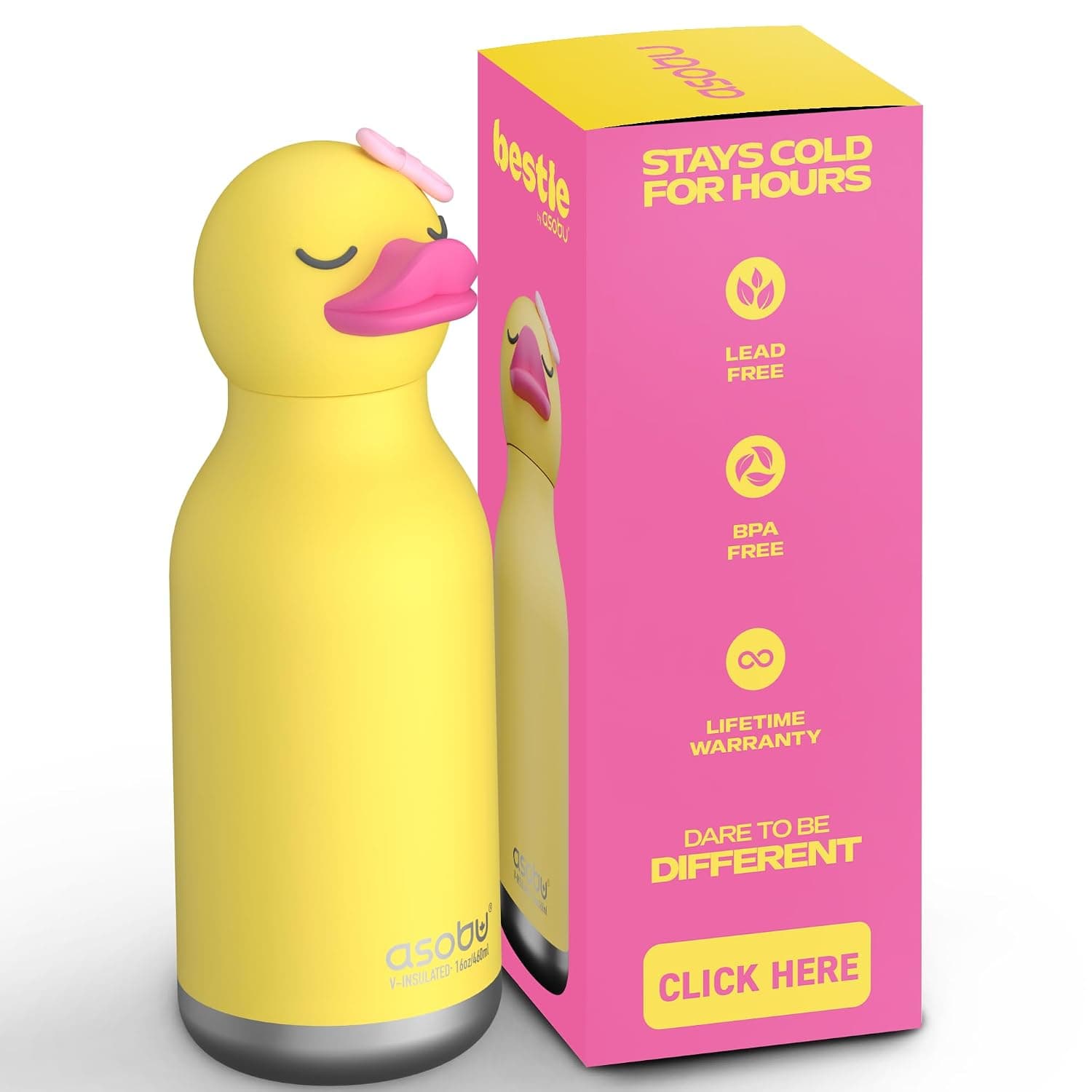 asobu Bestie Water Bottle, Cute Collectible Character, Leak Proof, BPA Free | 16 oz, Stays Cold 24 Hours, Double Wall Vacuum Insulation, Food Grade Stainless Steel, Spill Resistant, Great Gift Idea