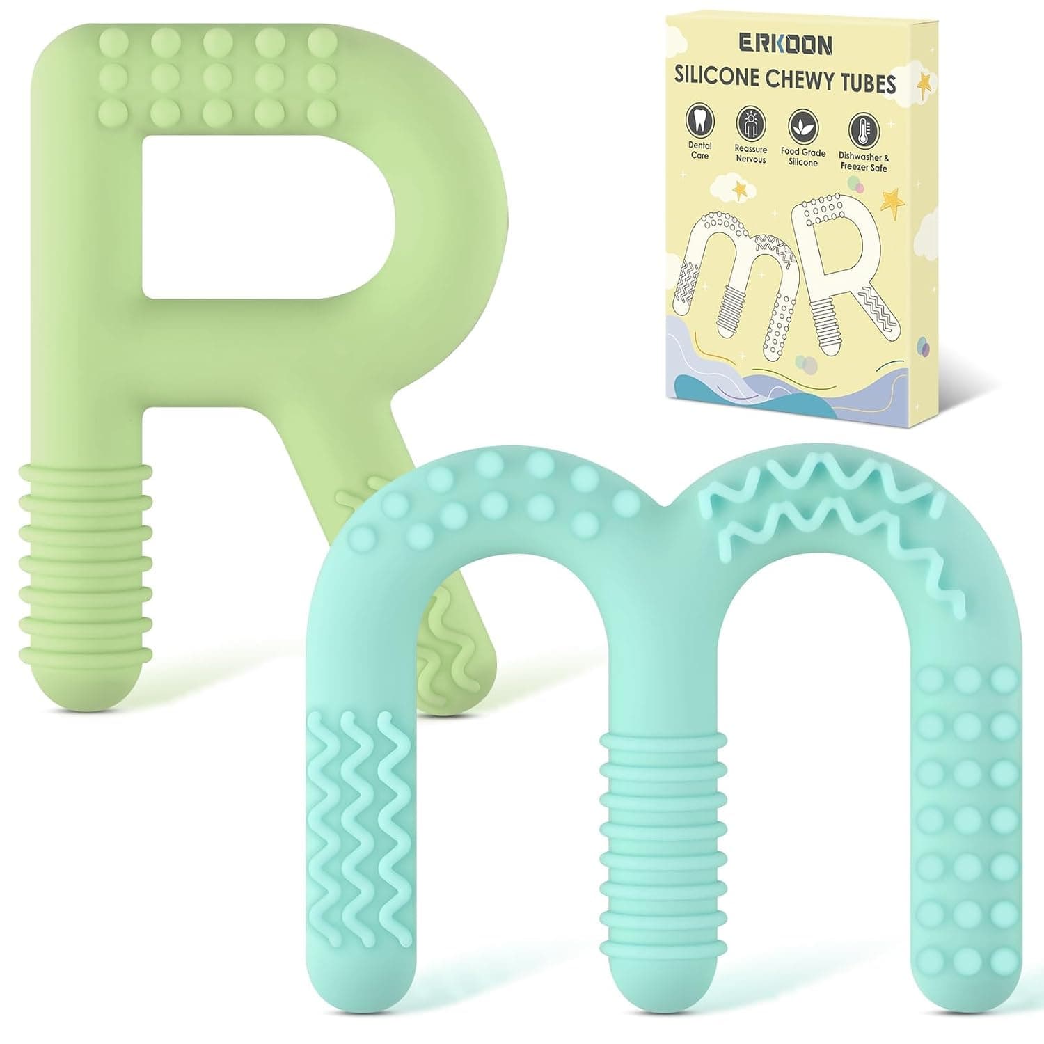 ERKOON R&M Chew Sticks, Silicone Teething Tools, Oral Motor Chewy Tool with Teething, ADHD, Autism, Biting Needs,Teether, Alphabet Chewlery for Boys&Girls (Blue Green)