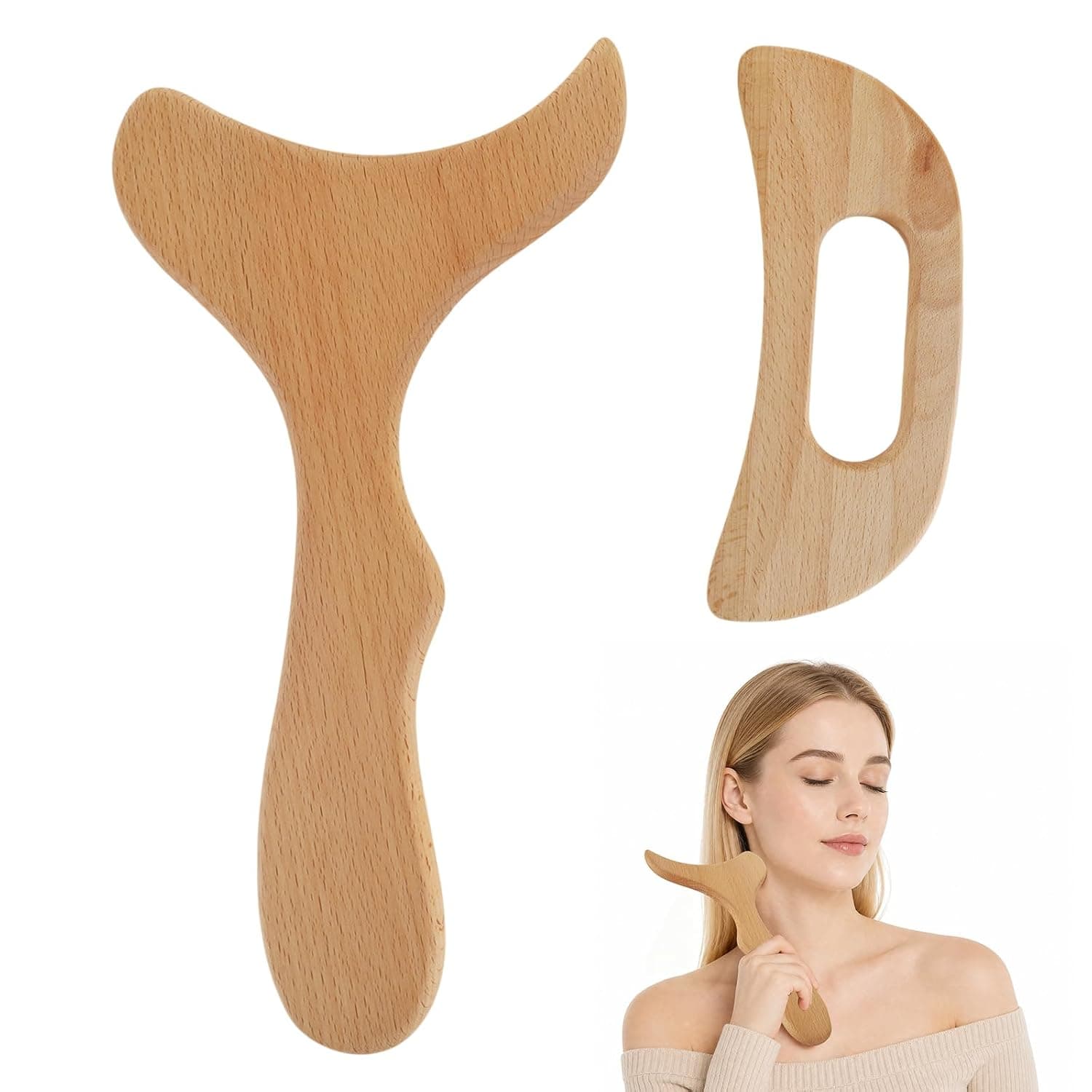 2 Pcs Wooden Gua Sha Tool, Fishtail and Moon Shape, for Full Body Massage | Lymphatic Drainage Tool, Natural Wood, 30 x 16cm and 19 x 7cm, Smooth Edge, Comfortable Touch, for Muscle Relaxation, Shaping