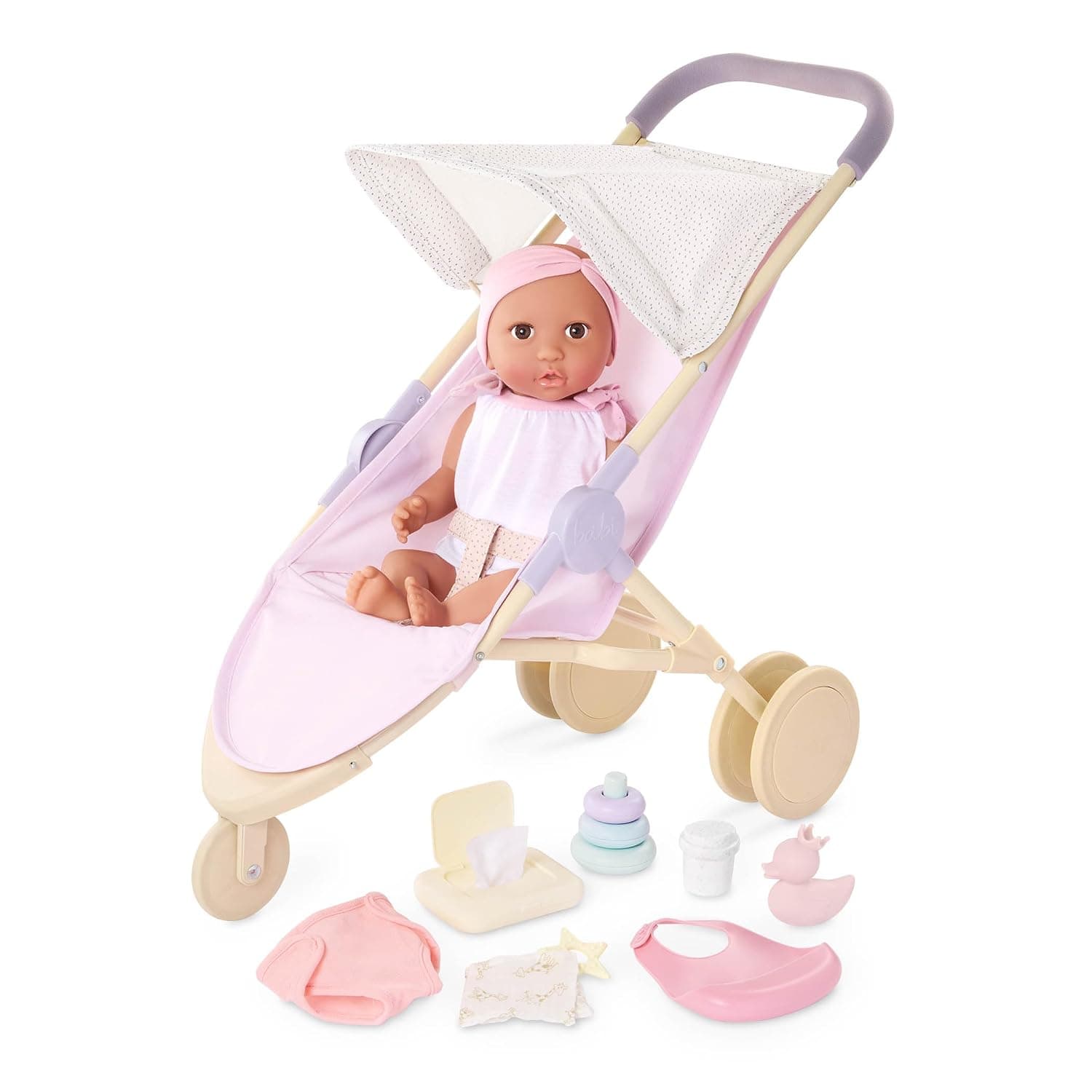 LullaBaby – 14-inch Realistic Baby Doll – Diaper & Care Accessories Bundle – Brown Eyes & Soft Body – Pretend Play Toys – Kids Ages 2 Years Old & Up – Baby Doll & Jogging Stroller Set | 36 cm Baby Doll with Brown Eyes and Soft Body, Jogging Stroller and Care Accessories, Complete Set, 2+ Years