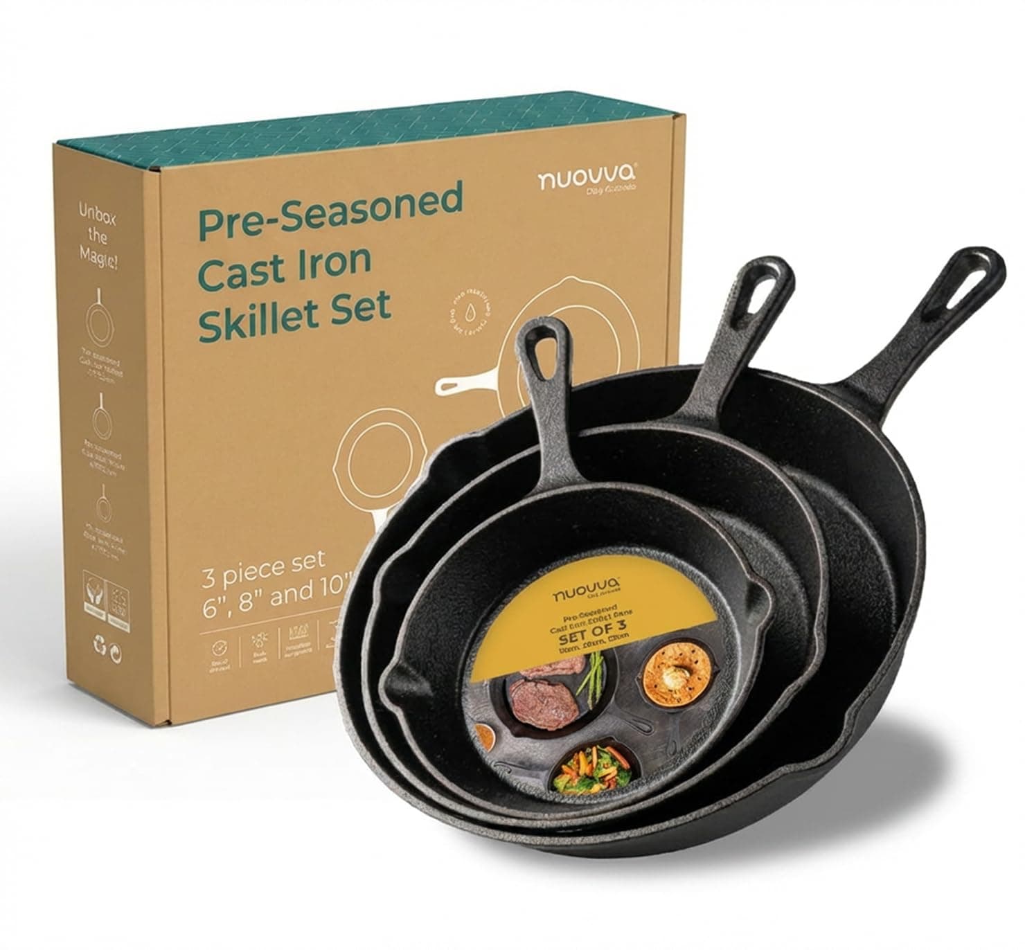nuovva Pre-Seasoned Cast Iron Skillet Frying Pans Oven Safe Cookware for Indoor & Outdoor Use - Grill, StoveTop, Black (3-Piece Chef Set 6-Inch 15cm, 8-Inch 20cm, 10-Inch 25cm)