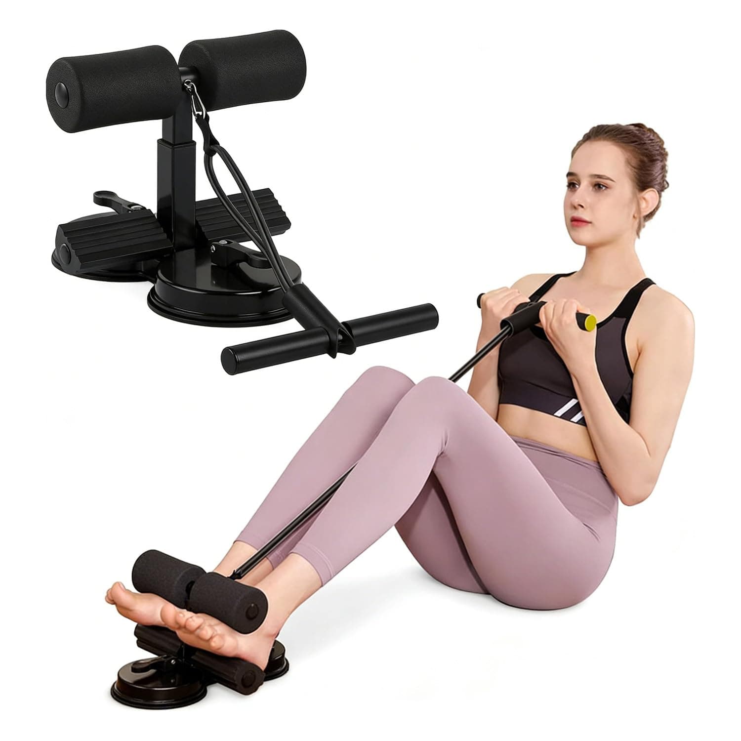 LinJie Sit Up Foot Holder, Portable Floor Exercise Equipment, 3-Level Adjustable with 2 Strong Suction Cups & Elastic Pull Ropes for Core Abs Workout, Abdominal Muscle Training & Foot Leg Strength