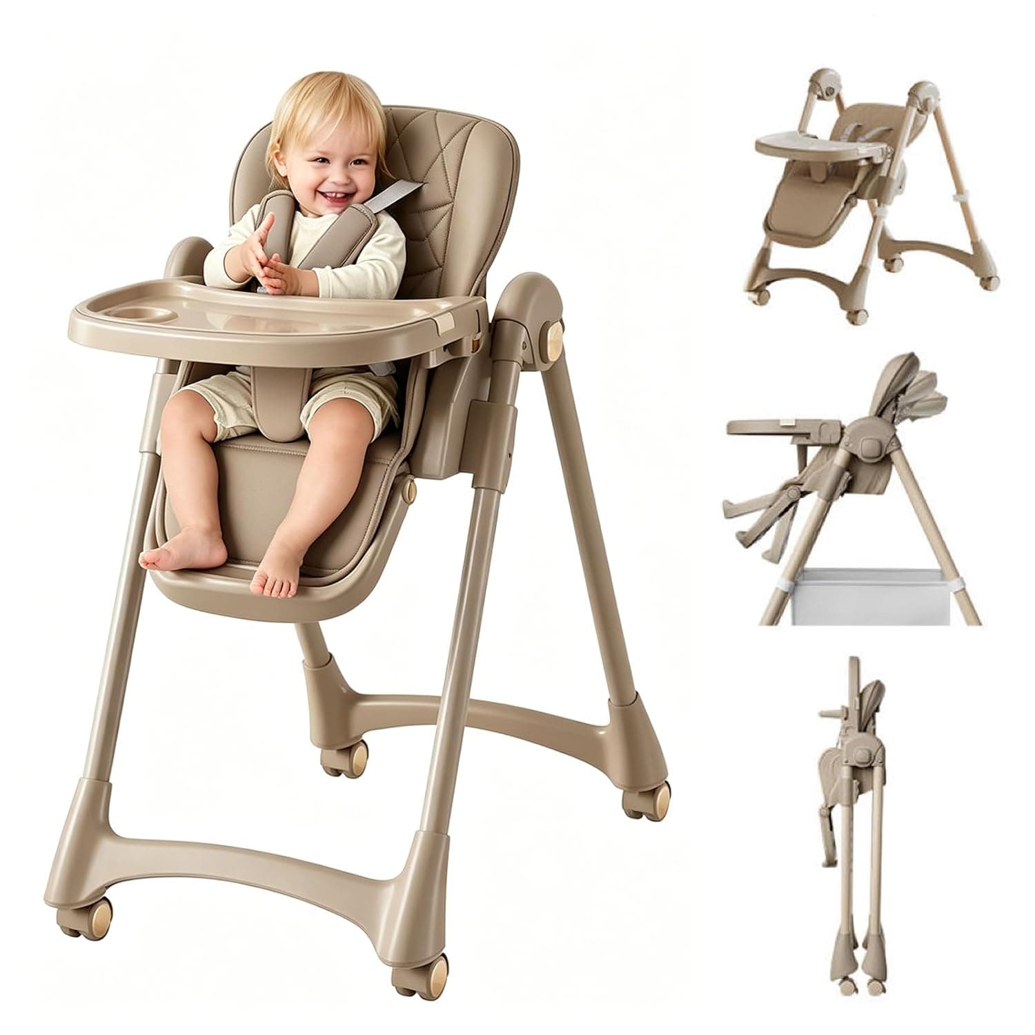 4 in 1 Foldable High Chairs for Babies and Toddlers with Wheels, Foldable Highchair with Multiple Adjustable Backrest, Footrest and Seat Height, Removable Tray,PU Leather Cushion(Champagne)