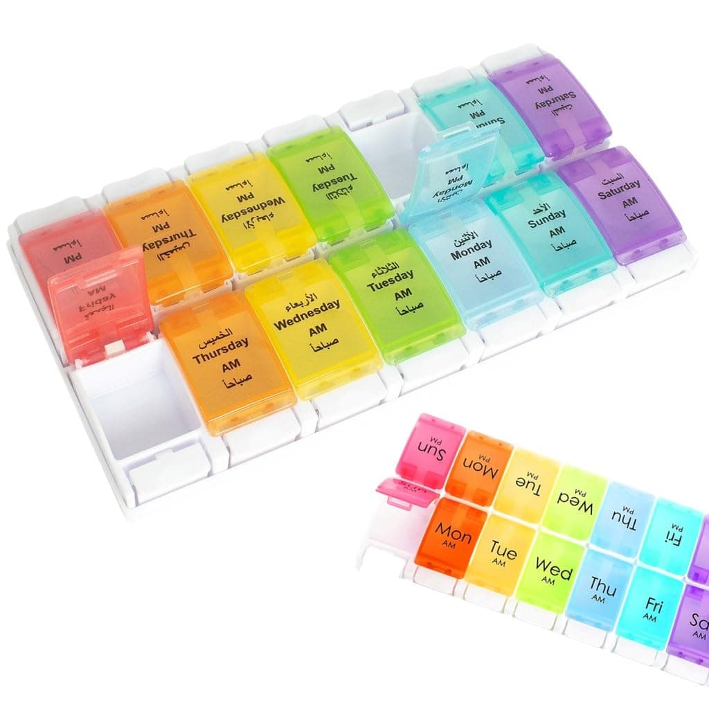 ARINA 14-Day Pill Organizer, Large Daily Pill Case with Easy-Open Button, Travel Container with 14 Compartments, Vitamin Holder, AM/PM Detachable Containers for Cod Liver Oil, Supplements