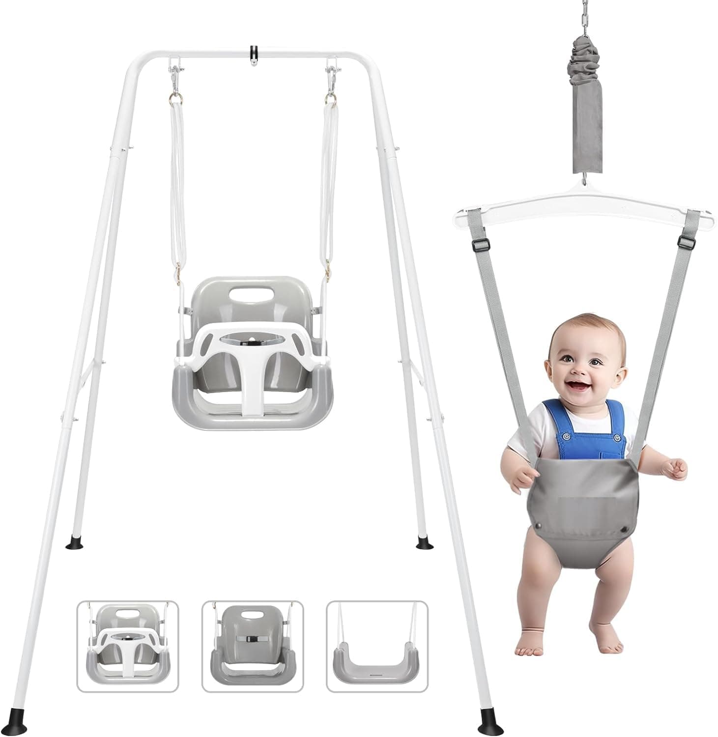 2 in 1 Toddler Swing & Jumper, Swing Set for Indoor/Outdoor, Baby Jumpers and Bouncers, Easy to Assemble & Store, Suitable for Aged 6 Months to 10 Years Old (grey)