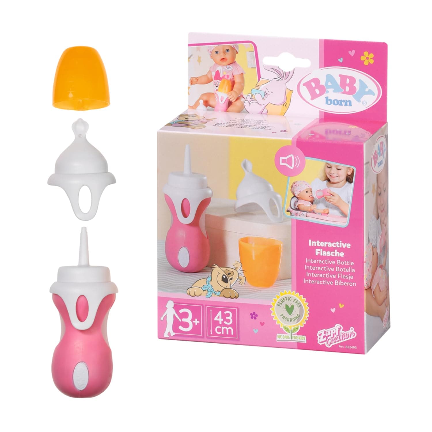 BABY born Zapf Creation 832493 Interact. Bottle and Spoon 43 cm - Interactive Doll Bottle in Pink and White with Sound Function, 2 Interchangeable Attachments - Can be Used as Bottle and Spoon