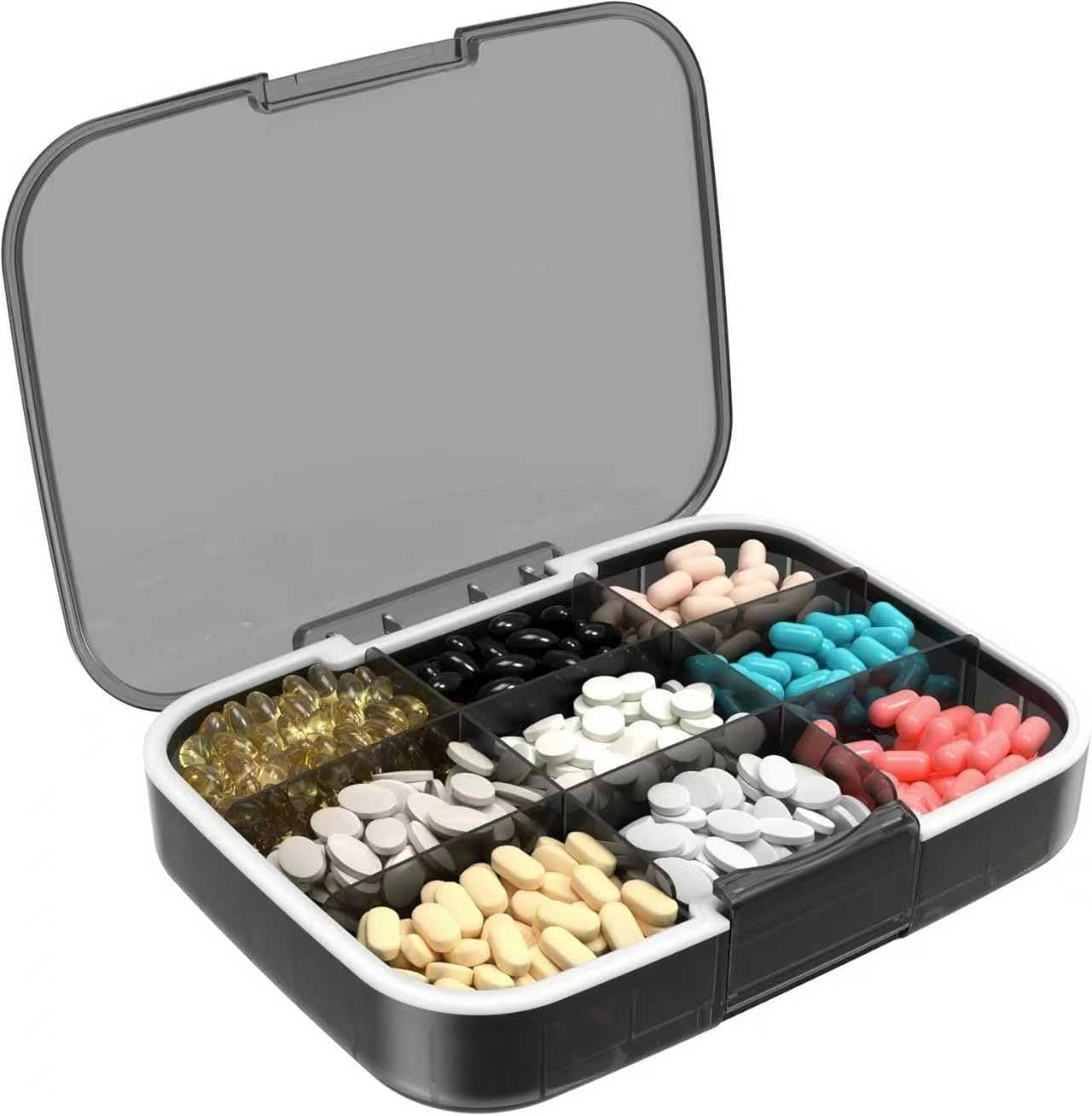 Portable Large Pill Organizer, Moisture-Proof Travel Pill Case with 9 Compartments for Vitamin, Medicine, Fish Oil, Supplements, Black