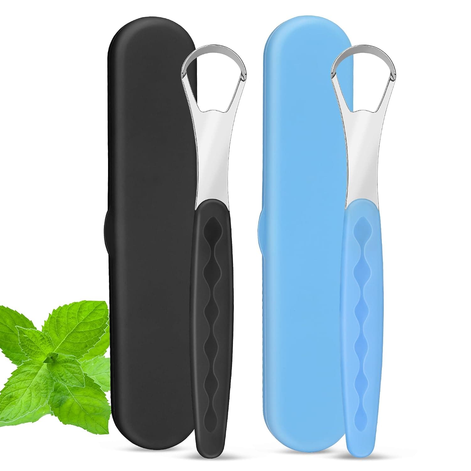 Tongue Cleaner Scraper with Case, Reusable Tongue Scrubber | Stainless Steel, Double Sided, Comfort Grip Handle, Portable, Tongue Cleaning Care Tool for Adults Kids Fresher Breath