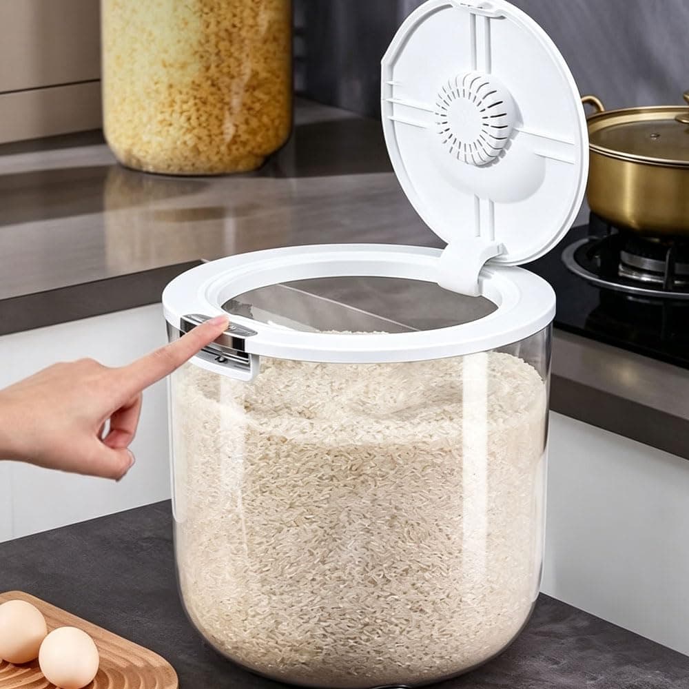 Rice Storage Container, Large Capacity Food Bin with Measuring Cup, Flip-Top Lid for Kitchen Pantry, Clear Transparent Canister for Rice, Flour, Grains, Pasta - Insect & Moisture Proof,5KG