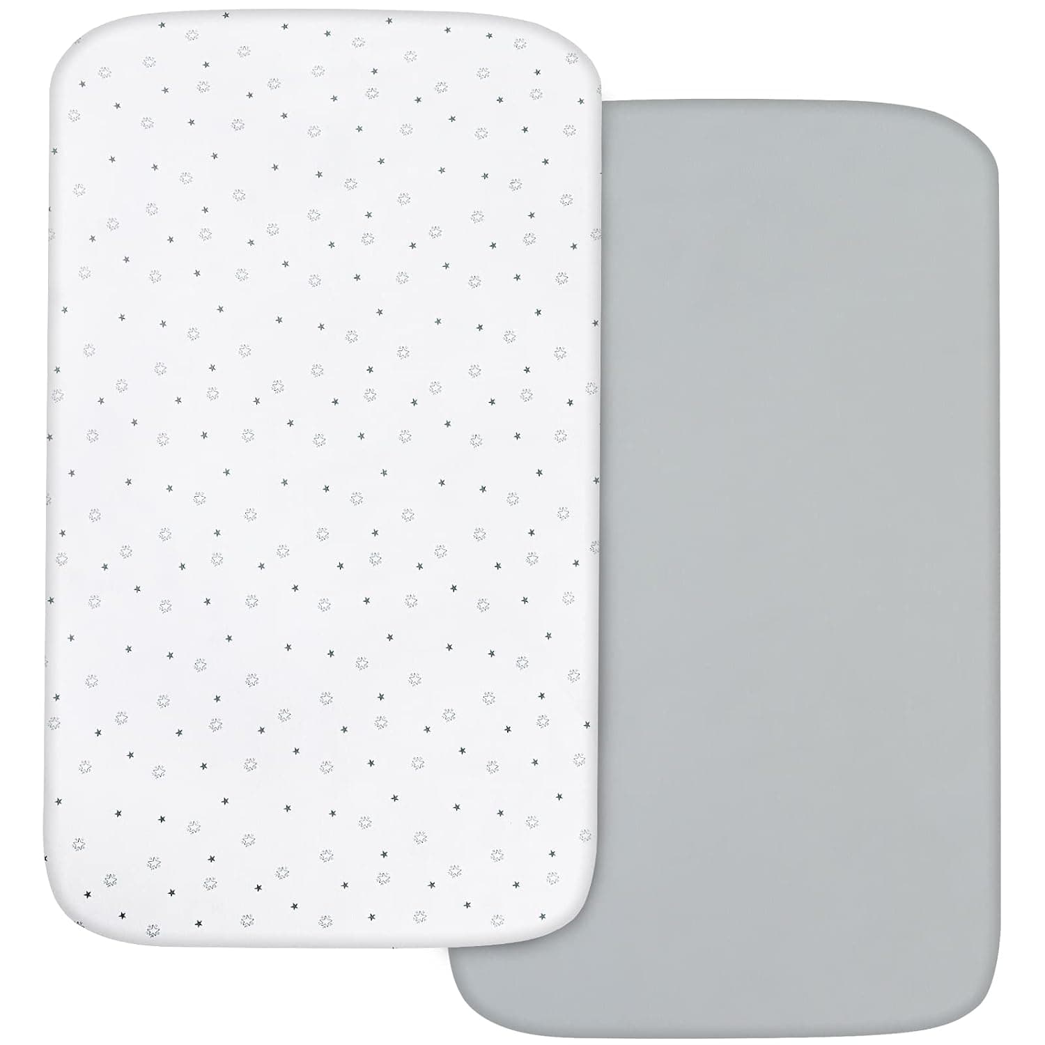 Next to Me Crib Sheets Fitted 83x50cm, Baby Bedside Crib Sheets 2 Pack, Ultra Soft, Grey & White Star | Fits bedside cribs & co-sleepers. Breathable microfiber & spandex blend. Deep pocket for snug fit. Durable & easy care.