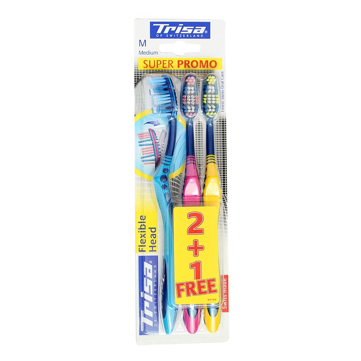 Trisa Flexhead Medium Toothbrush, Adult, Finest Swiss Oral Care, Super Promo (2+1),Flexible head, Ergonomic handle, Unique design, Assorted Color