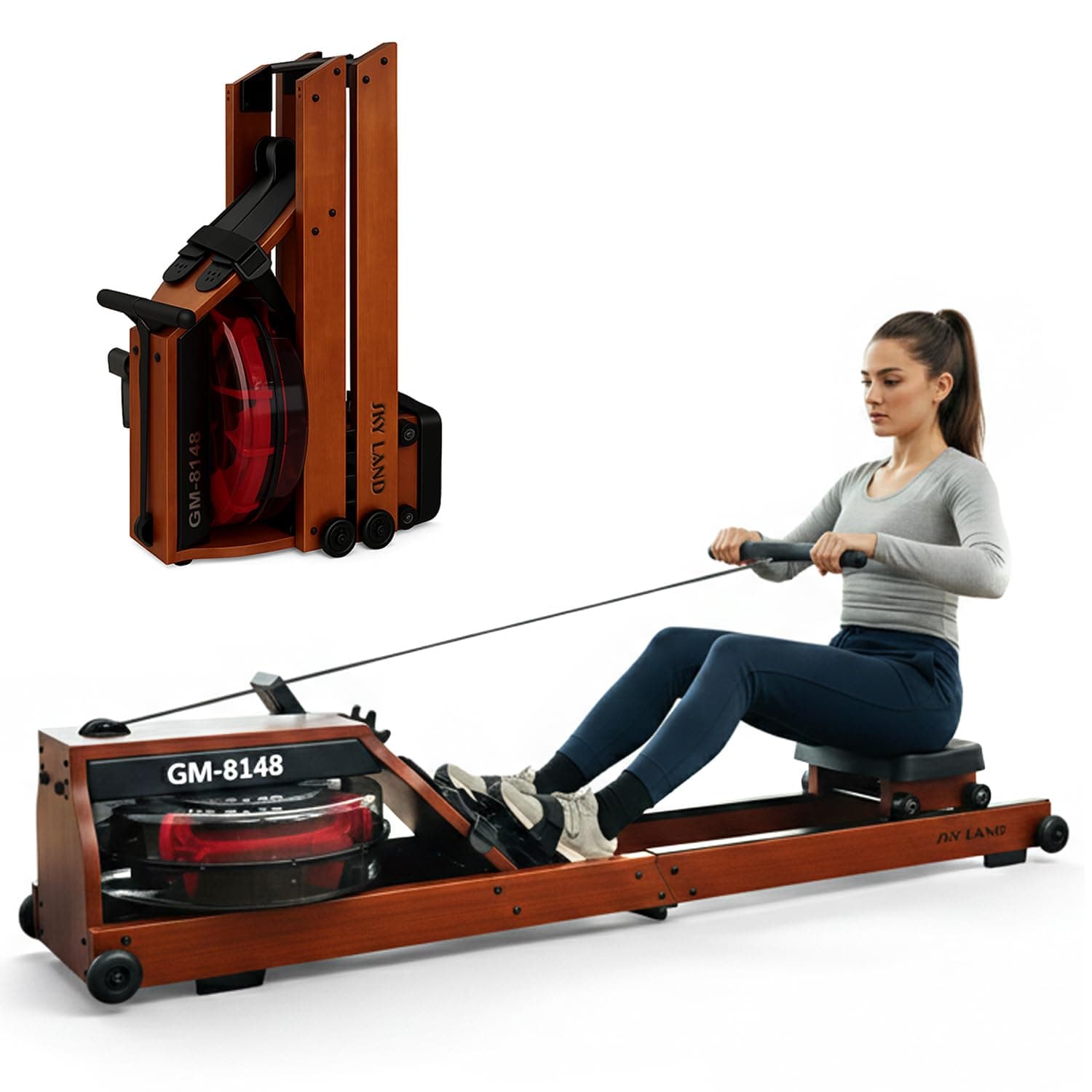 SKY LAND Water Rowing Machine for Home Use – Foldable Wooden Indoor Rower with 14L Tank, Bluetooth Monitor, 6-Level Resistance, Ergonomic Seat & 136KG Capacity Fitness Equipment GM-8148