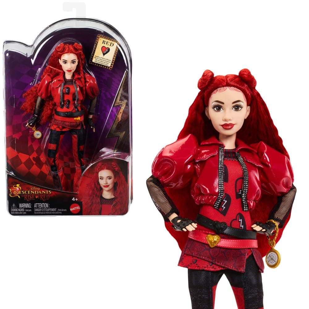 Mattel Disney Descendants 4: The Rise of Red Fashion Doll and Accessories - Red, Daughter of the Queen of Hearts with Movie Inspired Clothes and Pocket Watch HWT93