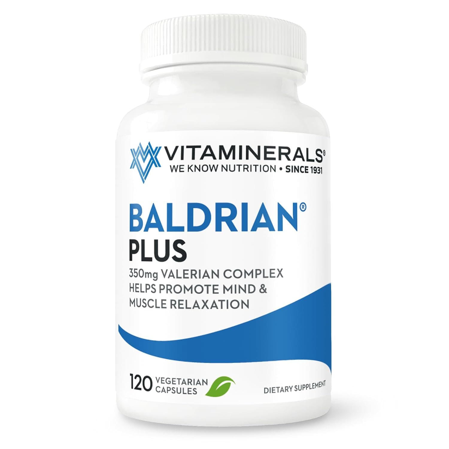 VITAMINERALS 33+ Baldrian® Plus Natural Relaxing Support Standardized Valerian Extract - Extra Strength 120 Count