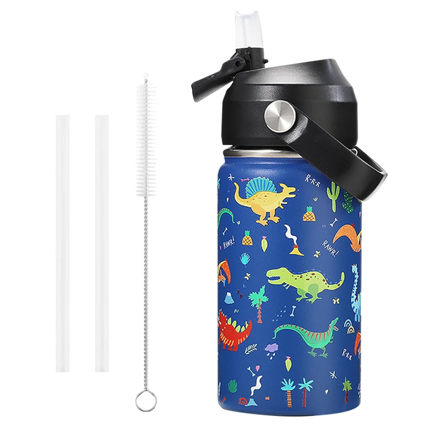 Homarket Kids Water Bottle,Stainless Steel Double Wall Insulated Bottle, Hot Cold Liquids Sports School Bottle With 3 Straws and a Small Brush (12oz, 360ml, Blue Dinosaur Design)