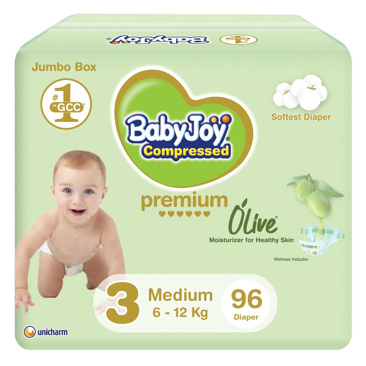 BabyJoy Olive Tape Diaper, Size 3, Medium, 6-12 Kg, Jumbo Box, 96 Diapers