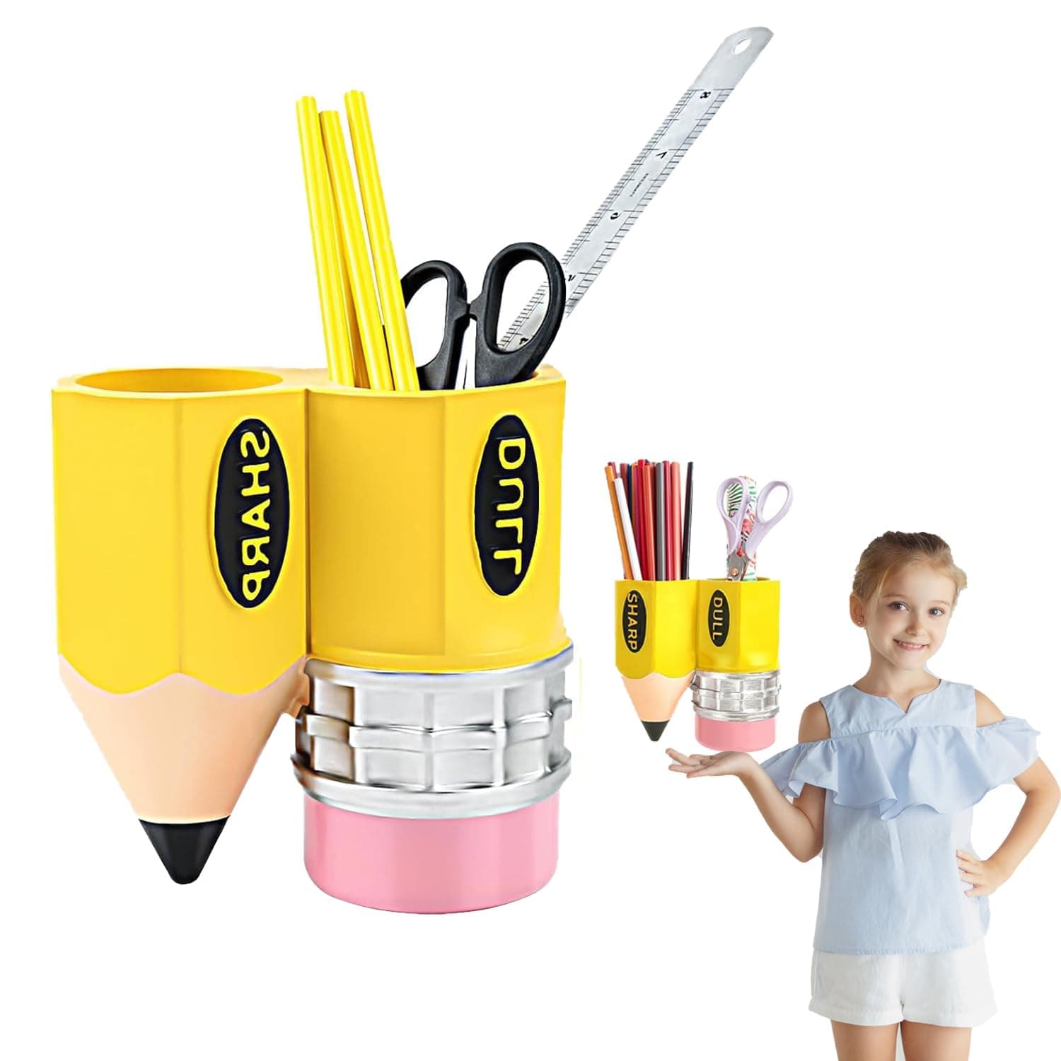 NALACAL Playful, Colorful Pencil Holder, Yellow, 2-Compartment, 5.3 x 3.7 x 6.5 inches, Sharp-Dull Organizer, Classroom Office Supplies