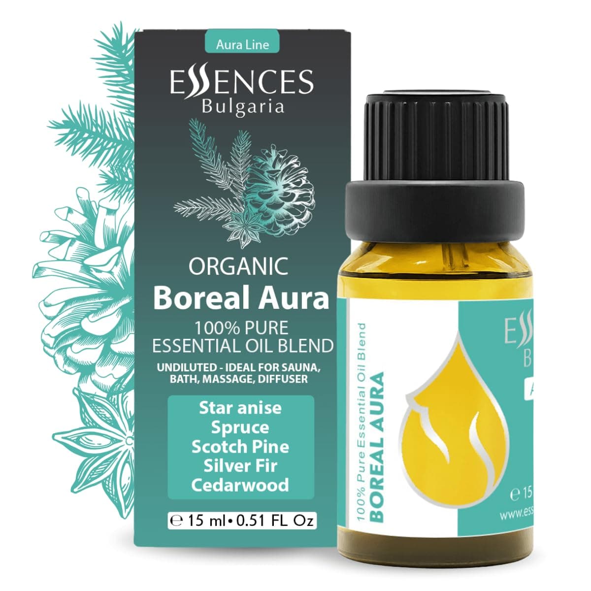 Essences Bulgaria Boreal Aura Organic Essential Oil Blend 0.5 Fl Oz | 15ml | Silver Fir, Scotch Pine, Norway Spruce, Star Anise, Cedarwood | Aromatherapy, Sauna & SPA | 100% Pure & Natural | Undiluted