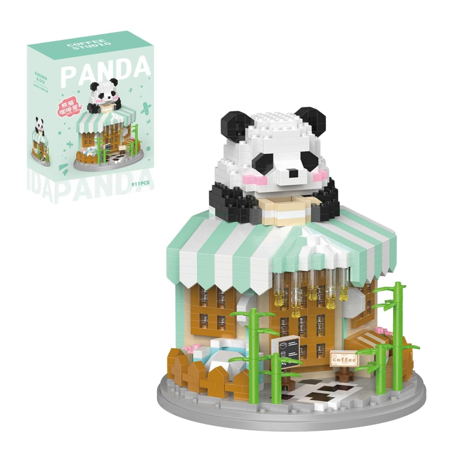 Street View Coffee Shop Mini Building Blocks, Cute Panda Chinese Coffee Shop Theme Microarchitecture Bricks Set, DIY Simulation Construction Toy, Creative Decor Gift for Teens Adults 12+, 911 Pieces