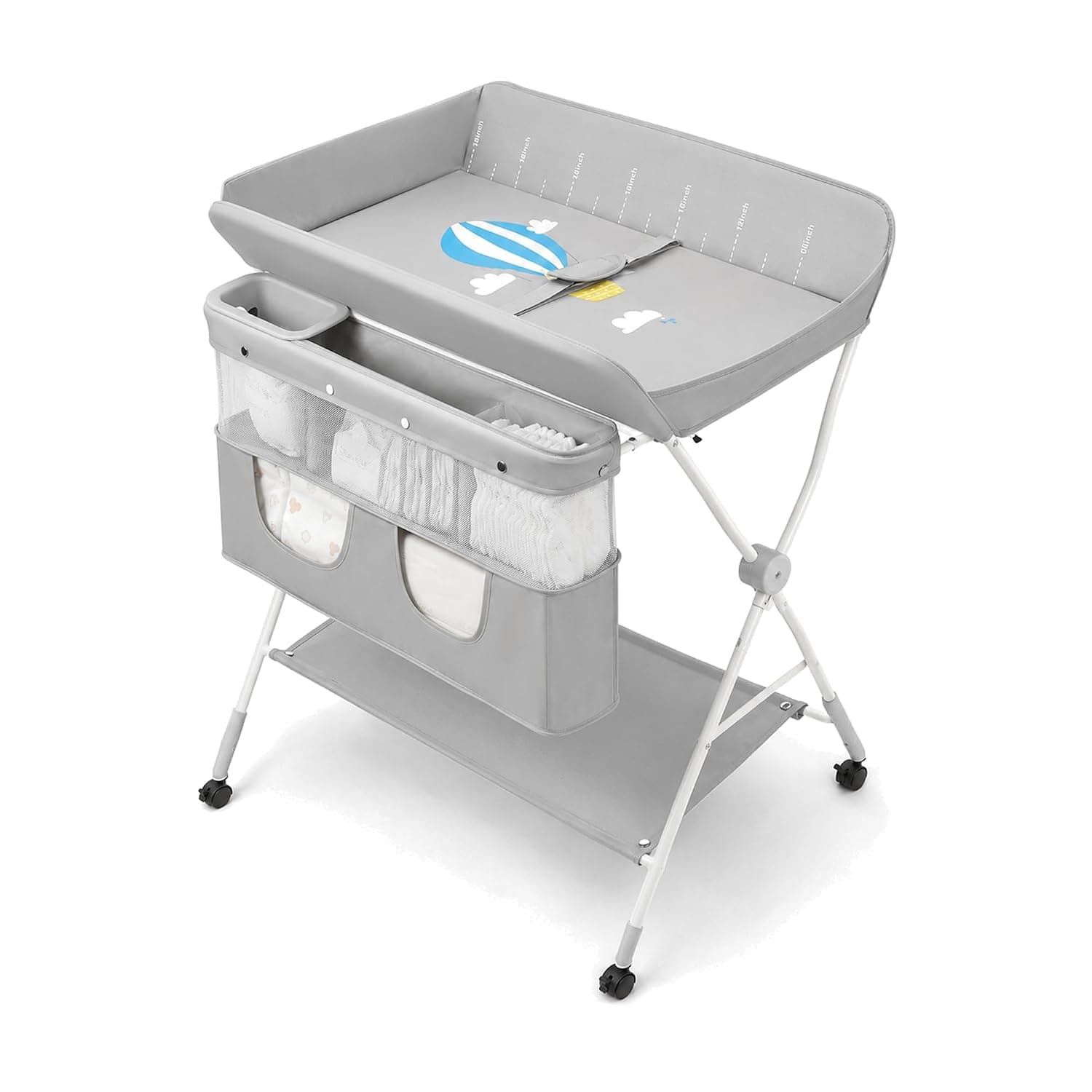 Bentifar Portable Baby Changing Table with Wheels, 3-Level Adjustable Height Foldable Diaper Station, Nursery Organizer with Storage Rack for Newborns and Infants