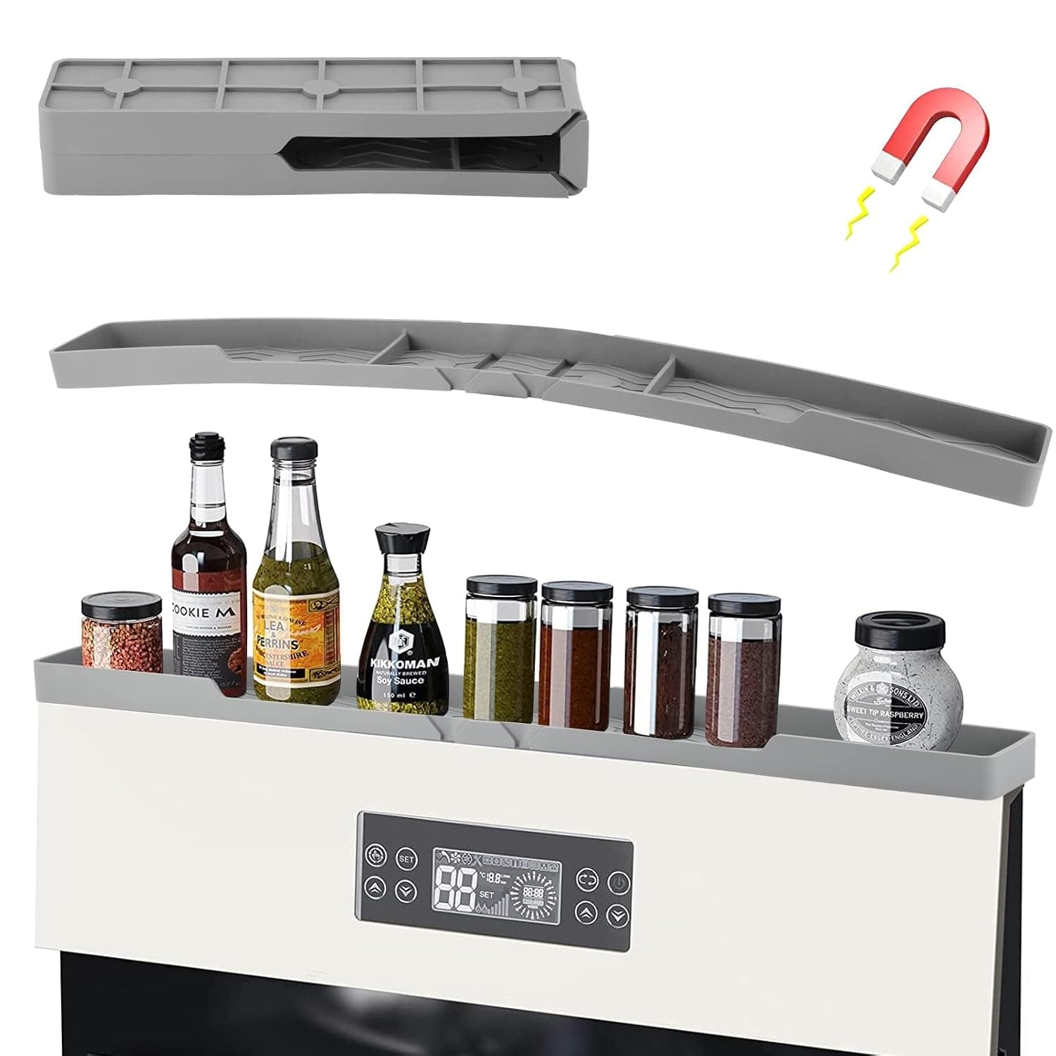 Silicone Stove Top Shelf Magnetic, Spice Rack Organizer Over The Stove Top For Curved Stove Oven Top Spice Rack Strong Magnetic Heat Insulation Non-slip For Kitchen (30 Inch, Gray)
