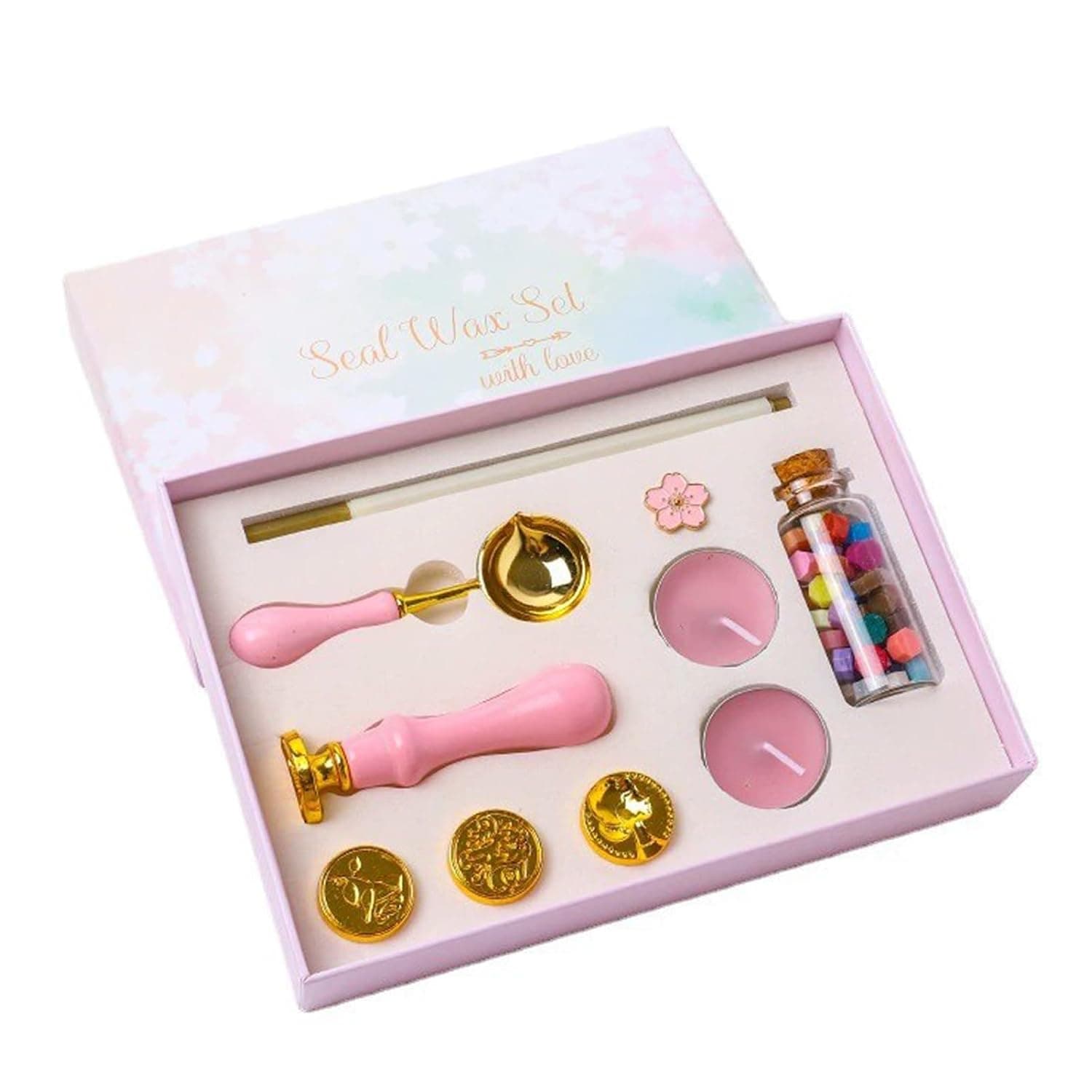 Wax Seal Stamp Kit with Gift Box, 4 Stamp, Metallic Pen, Wax Seal Beads Kit for Gift Wrapping, Envelope Sealing, Party Invitation (Sakura Pink)
