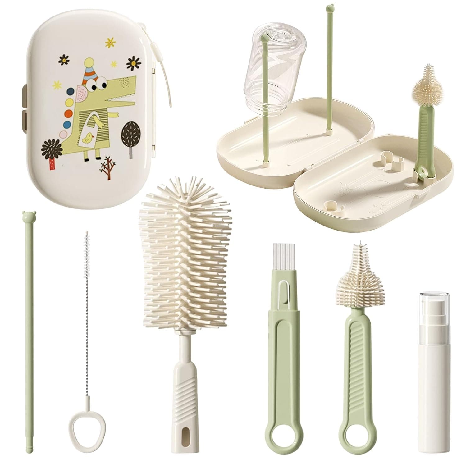 7-in-1 Baby Bottle Cleaning Brush Set with Silicone Bottle Brush, Nipple and Straw Brushes, Travel-Friendly Portable Bottles Cleaner Kit with Drying Rack and Soap Dispenser, Ideal Gift (Green)