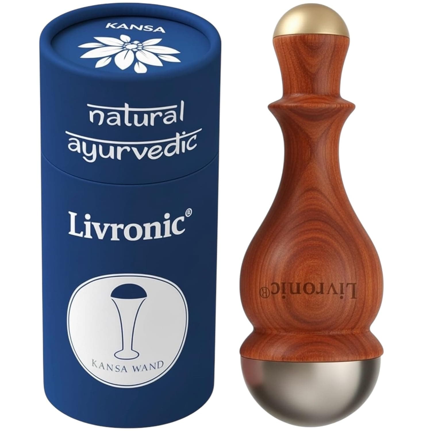 Livronic® Face Acupoints Kansa Wand Massager 2in1 Authentic Bronze Cap,Ayurvedic Tool for Face Glow, Foot & Body with Teak wood handle Marma Massage Therapy Tool for Detox Pain Relief Deep Relaxation