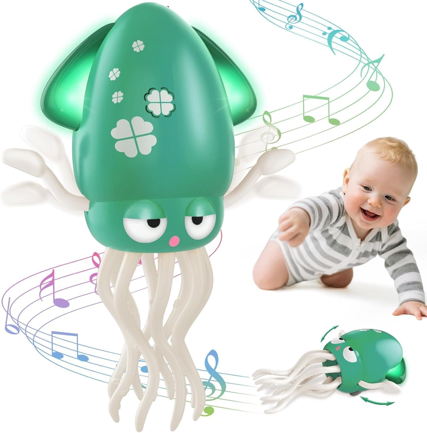 Dancing Octopus Baby Toy, Electric Crawling Octopus Tummy Time Toy with Fishing Rod, Rechargeable Magic Dancing Music Squid for 3 4 5 6 Year Old Kids Boy Girl Birthday Gifts, Funny Squid (Green)