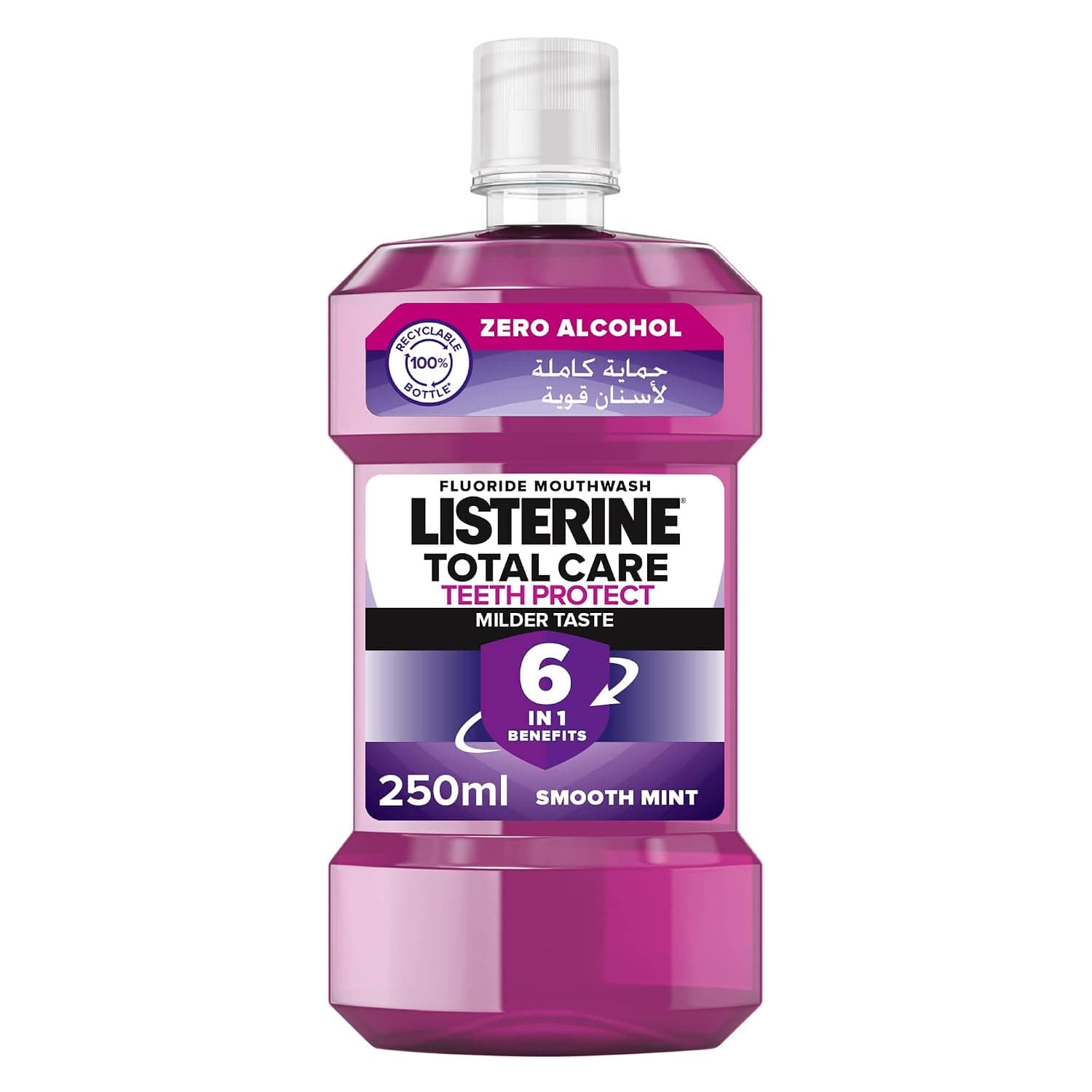 Listerine Total Care Fluoride Mouthwash, Teeth Protect, Milder Taste, 6in1 Formula, 12H Germ Protection, Helps Reduce Plaque, Cavity Protection, Alcohol Free, Smooth Mint Flavor, 250ml