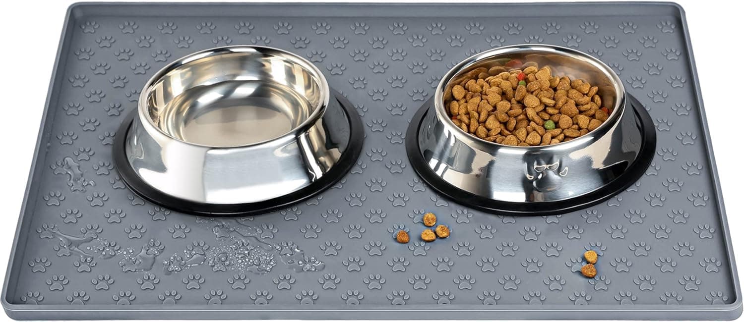 Lonimia 1Pcs Pet Placemat for Dog and Cat,Silicone Feeding Bowl Mat Prevent Food and Water Overflow, Puppy Dish Feeder Trays Suitable for Medium and Small Pets Grey