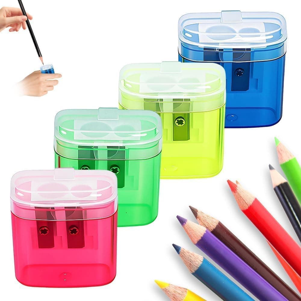 4 Pcs Pencil Sharpeners, Manual Dual Hole Pencil Sharpener, Handheld Compact Colored Sharpener with Lid for Standard and Jumbo Pencils, Safe Cute Sharpener for Kids Adults Students School
