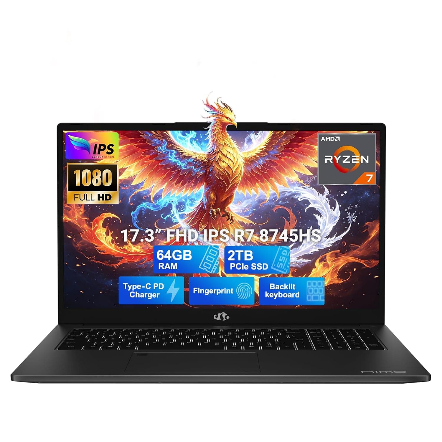 NIMO 17.3" Gaming Laptop, Ryzen 7 8745HS(Up to 4.9GHz), 64GB DDR5 2TB SSD, Radeon 780M GPU, WiFi 6E, Backlit KB Fingerprint, 100W PD, USB 4, Win 11 FHD IPS Computer for Business Designer Creator